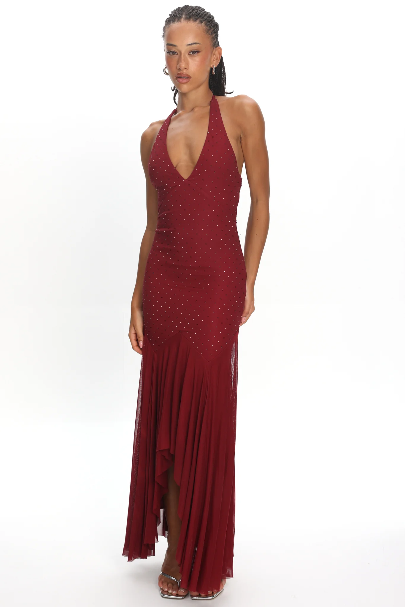 Endira Halter Sheer Hem Midi Dress Burgundy - luluinthesky