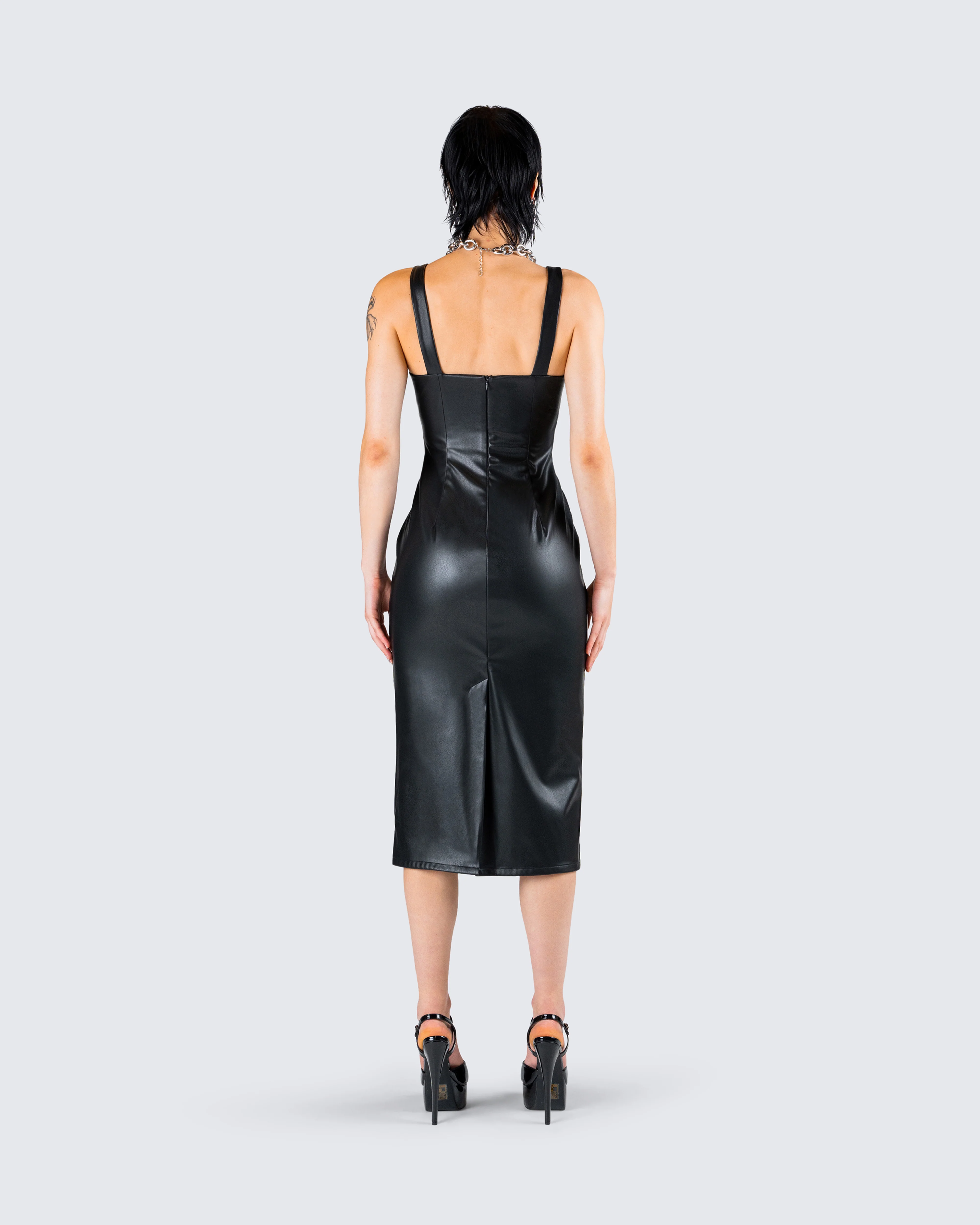 Maia Black Faux Leather Midi Dress