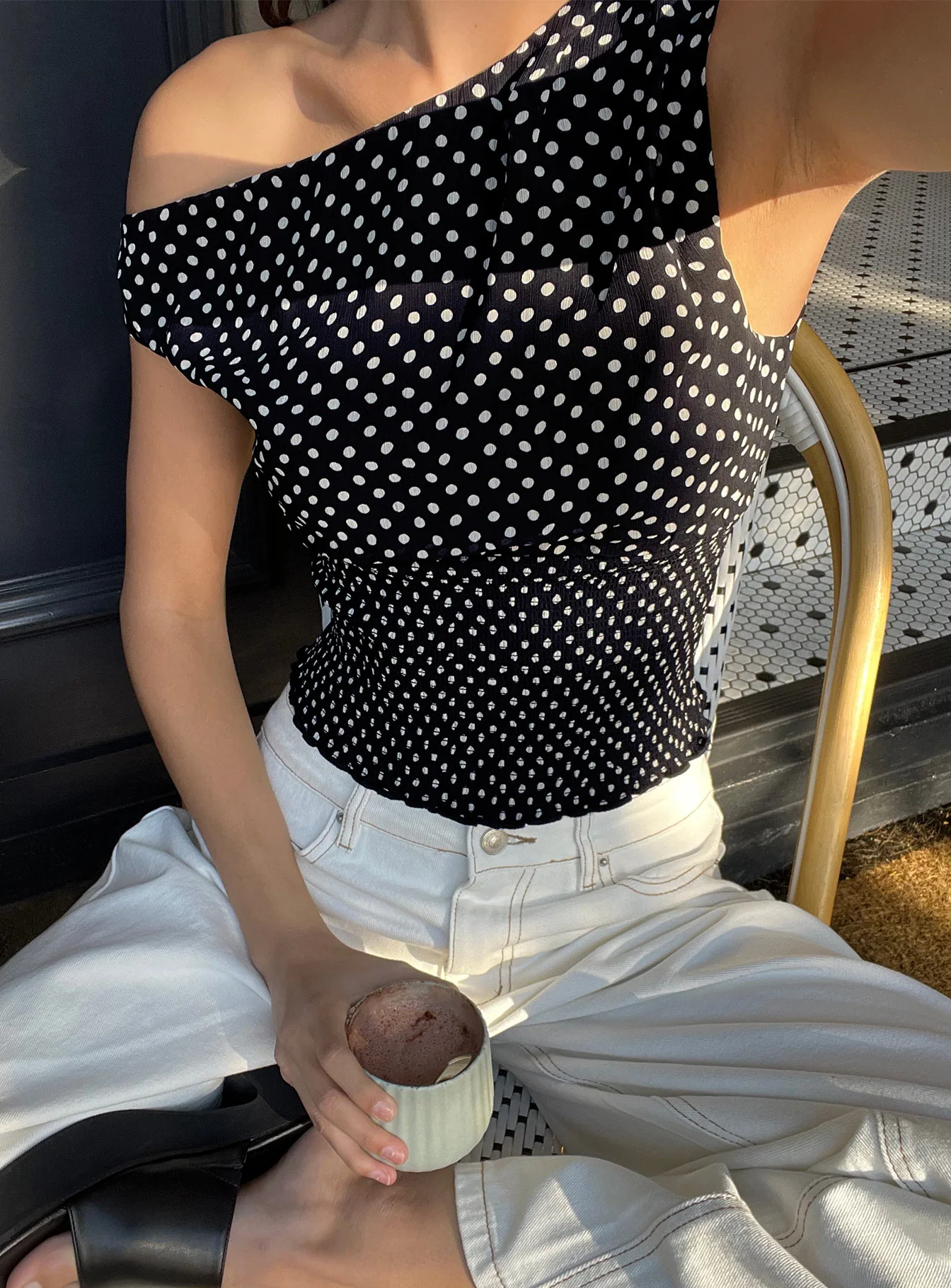 Ready To Party Off Shoulder Top Black Polka Dot