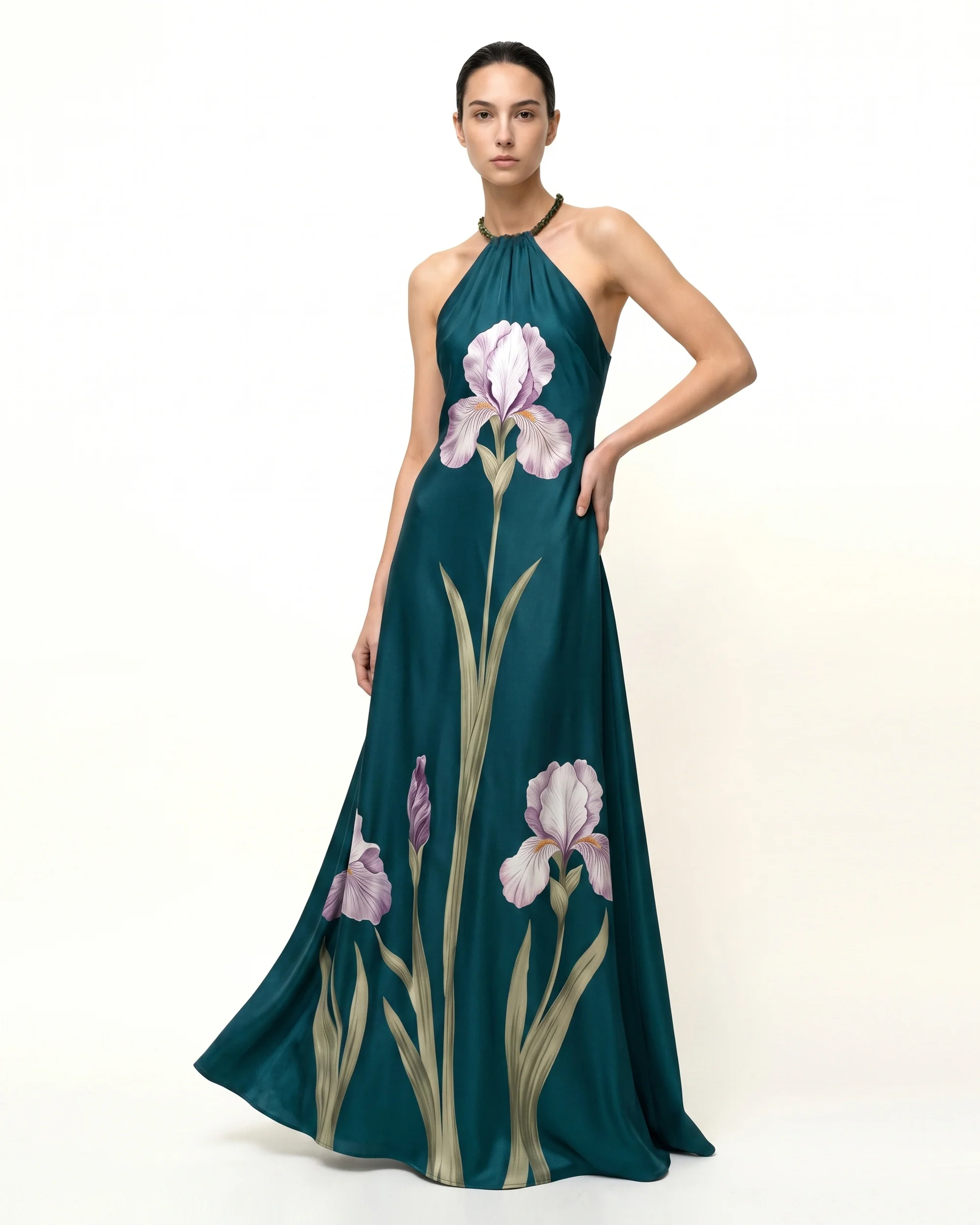 Iris Floral Print Halter Maxi Dress - Emerald