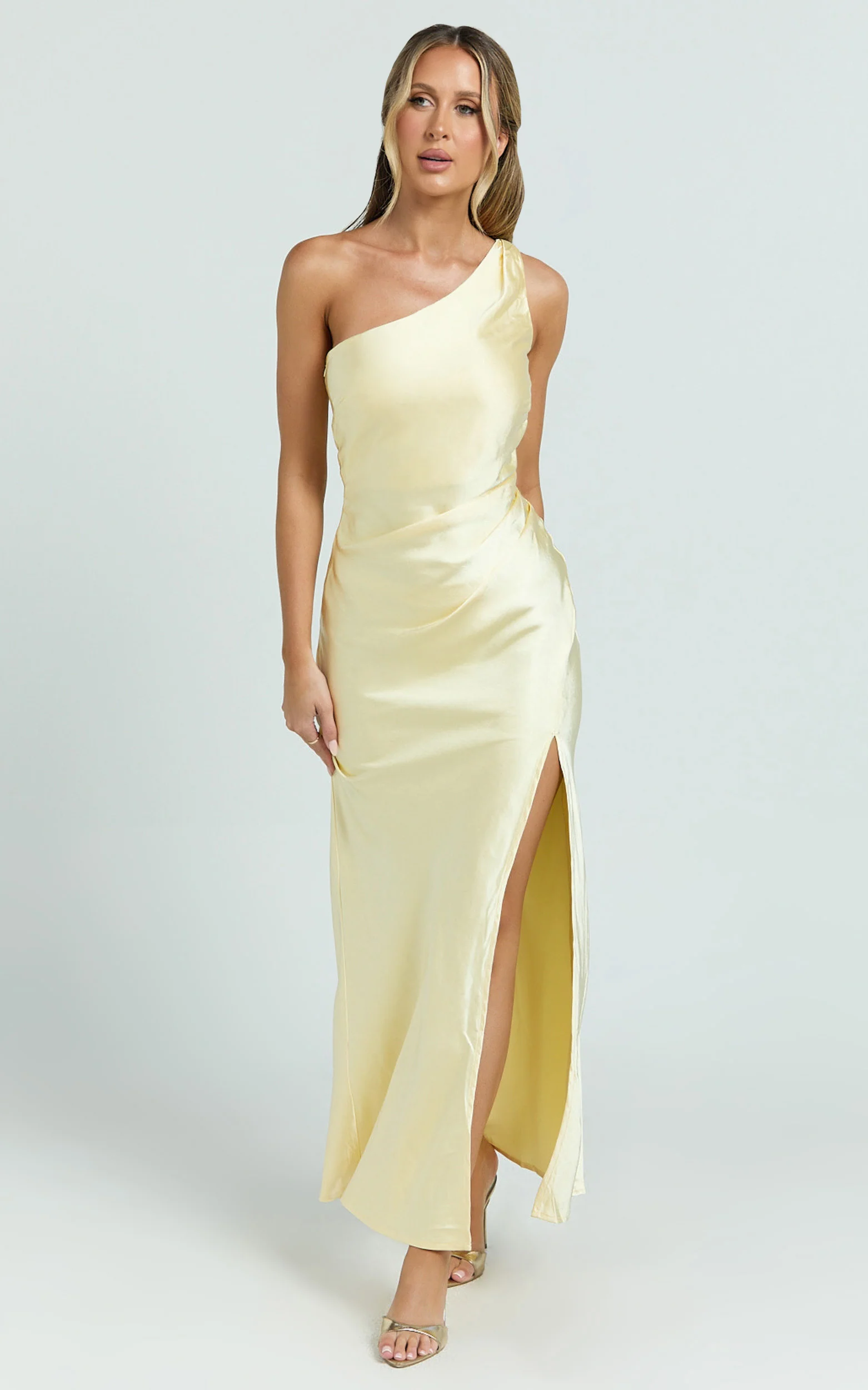 Isla Maxi Dress - Satin One Shoulder Side Split Dress in Lemon