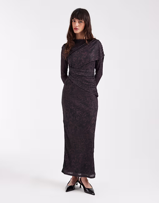 long sleeve wrap detail midi dress in brown animal print