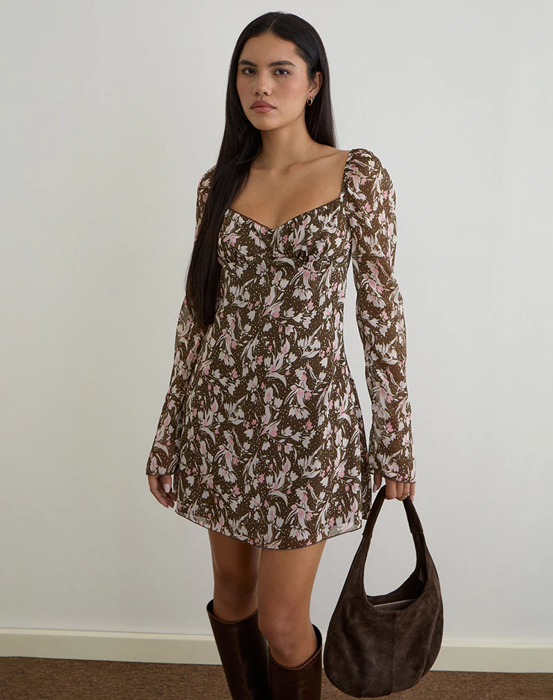Mariko Dress in Brown and Pink Polka Flower Chiffon
