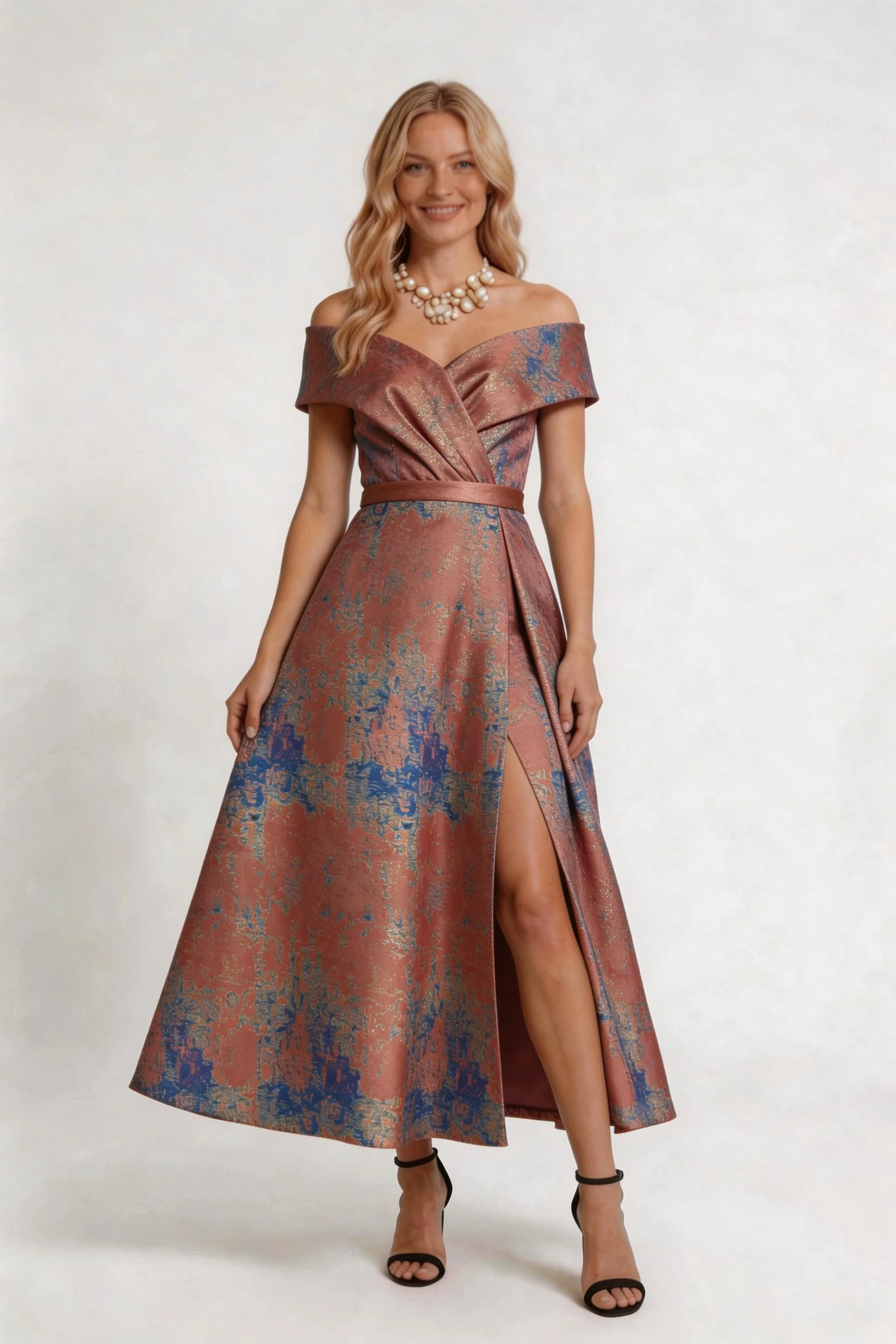 A-Line Tea-Length Jacquard Mother of the Bride Dress CM0429