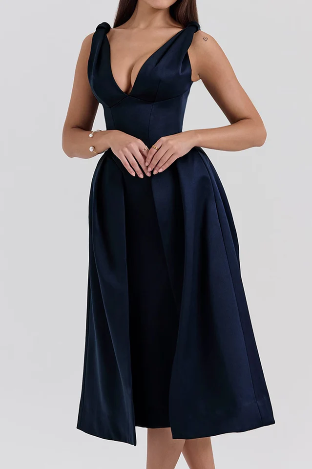 Deep V Neck Cinch Waist Satin Midi Dress