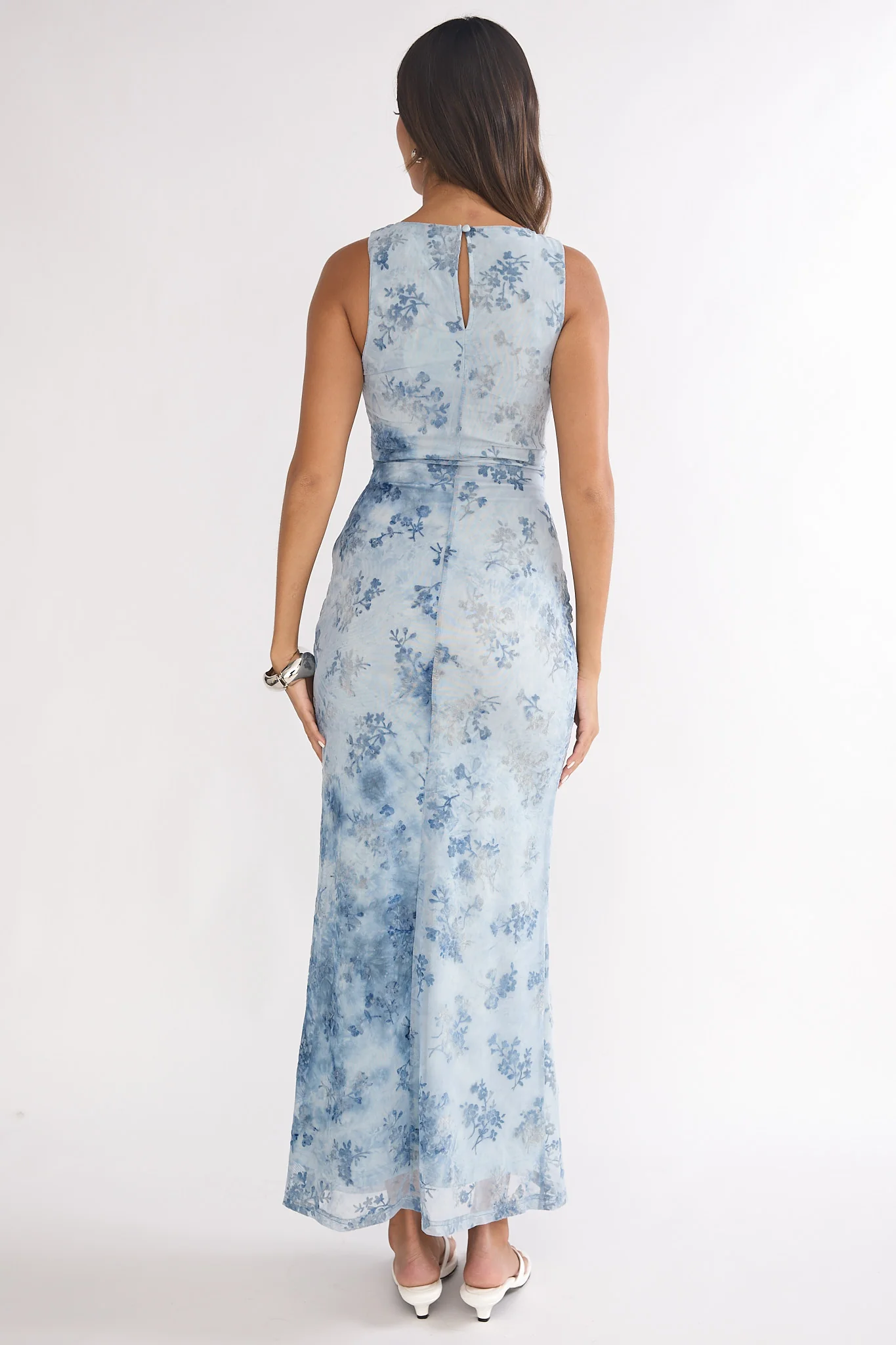 Elowra Mesh Maxi Dress Floral Blue