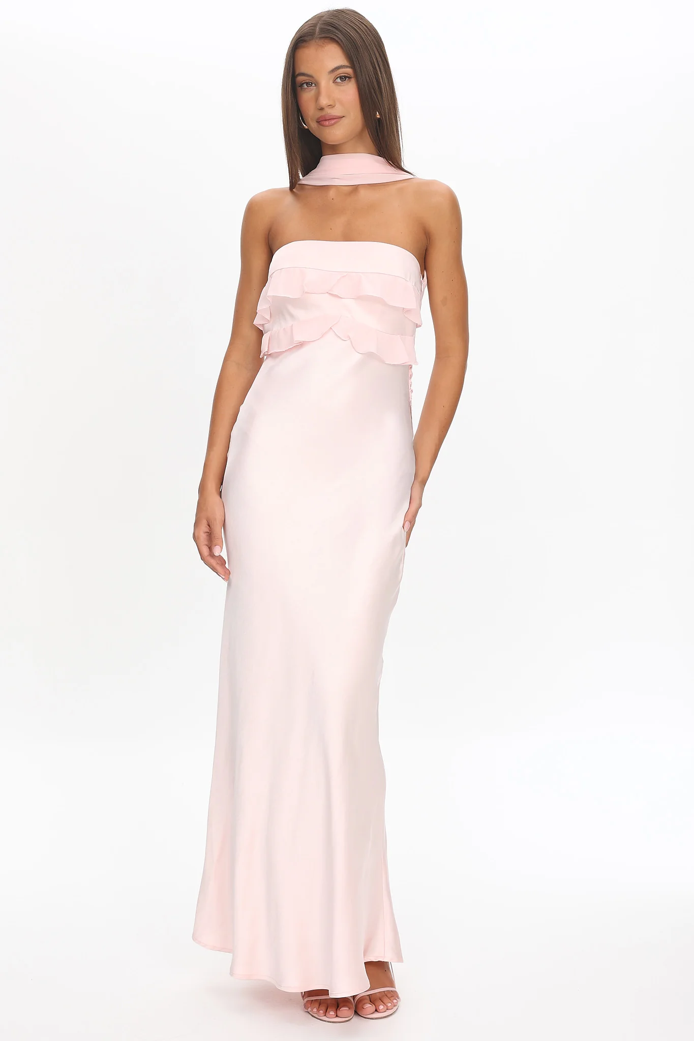 Damsel Reverse Halter Frill Trim Maxi Dress Blush - luluinthesky