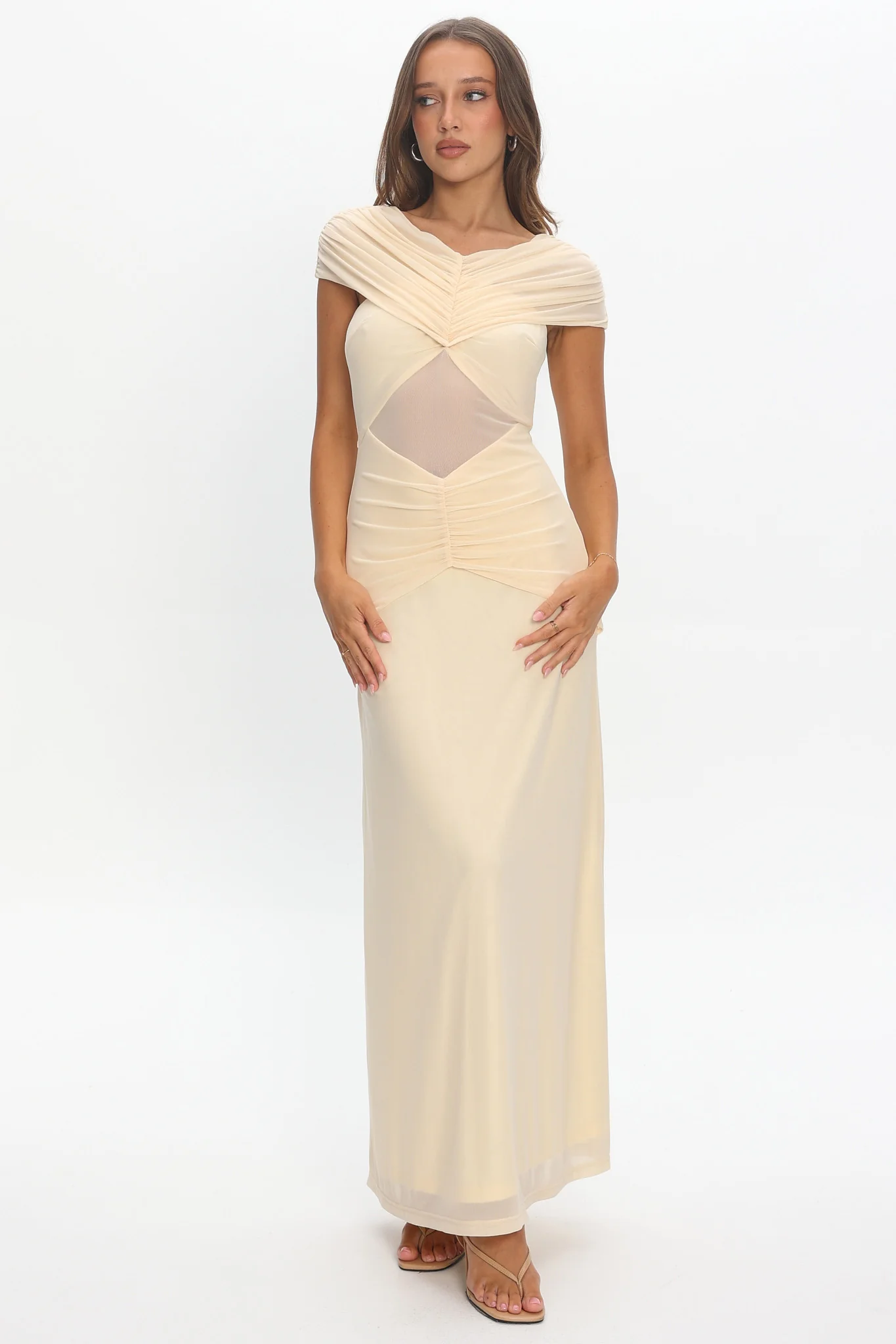 Reba Sheer Waist Ruched Maxi Waist Cream - luluinthesky