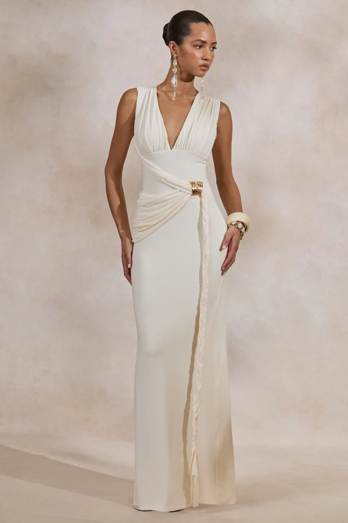 Plunge-Neck Maxi Dress With Gathered Detailing And Gold Detail