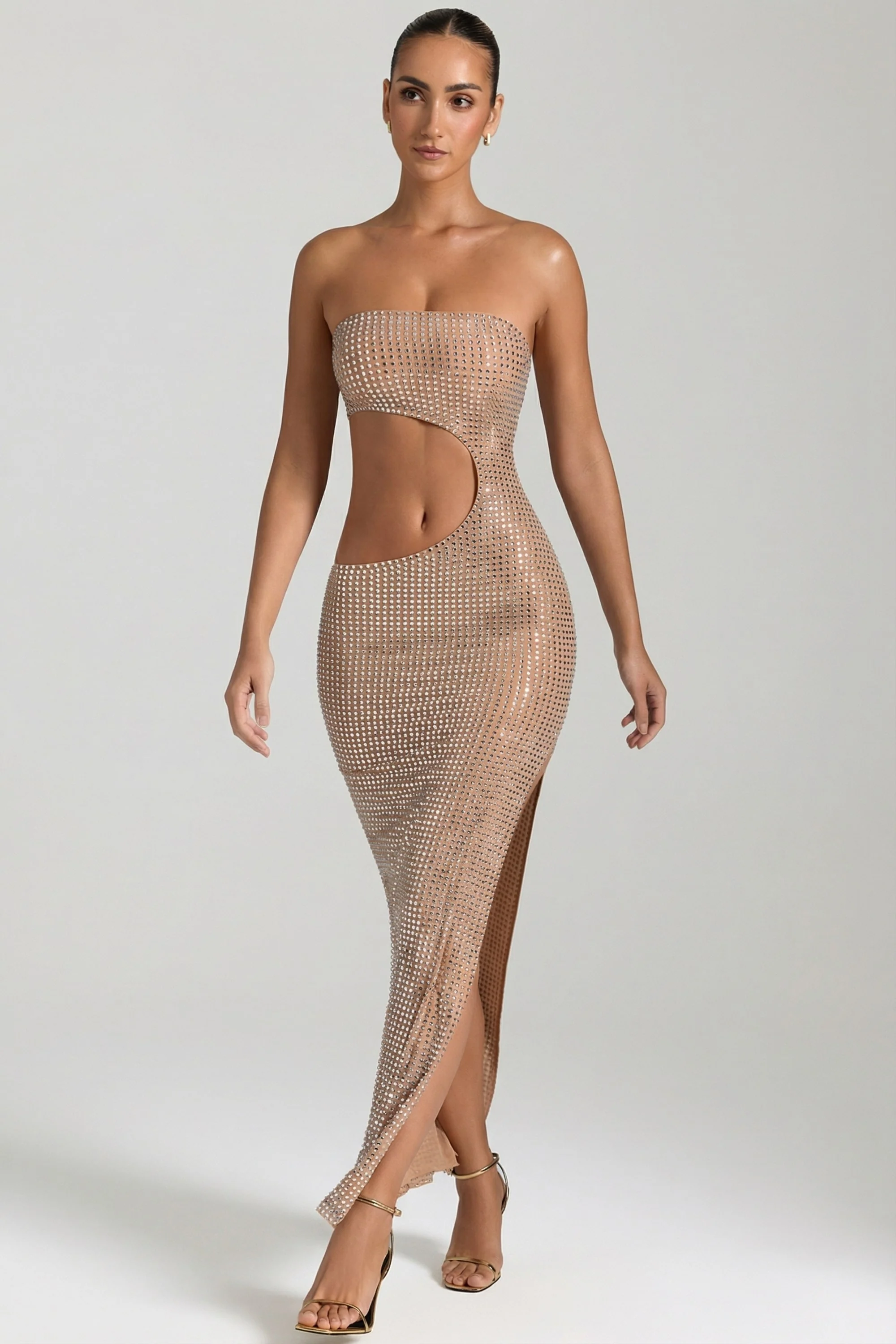 Embellished Cut-Out Bandeau Maxi Dress in Honey