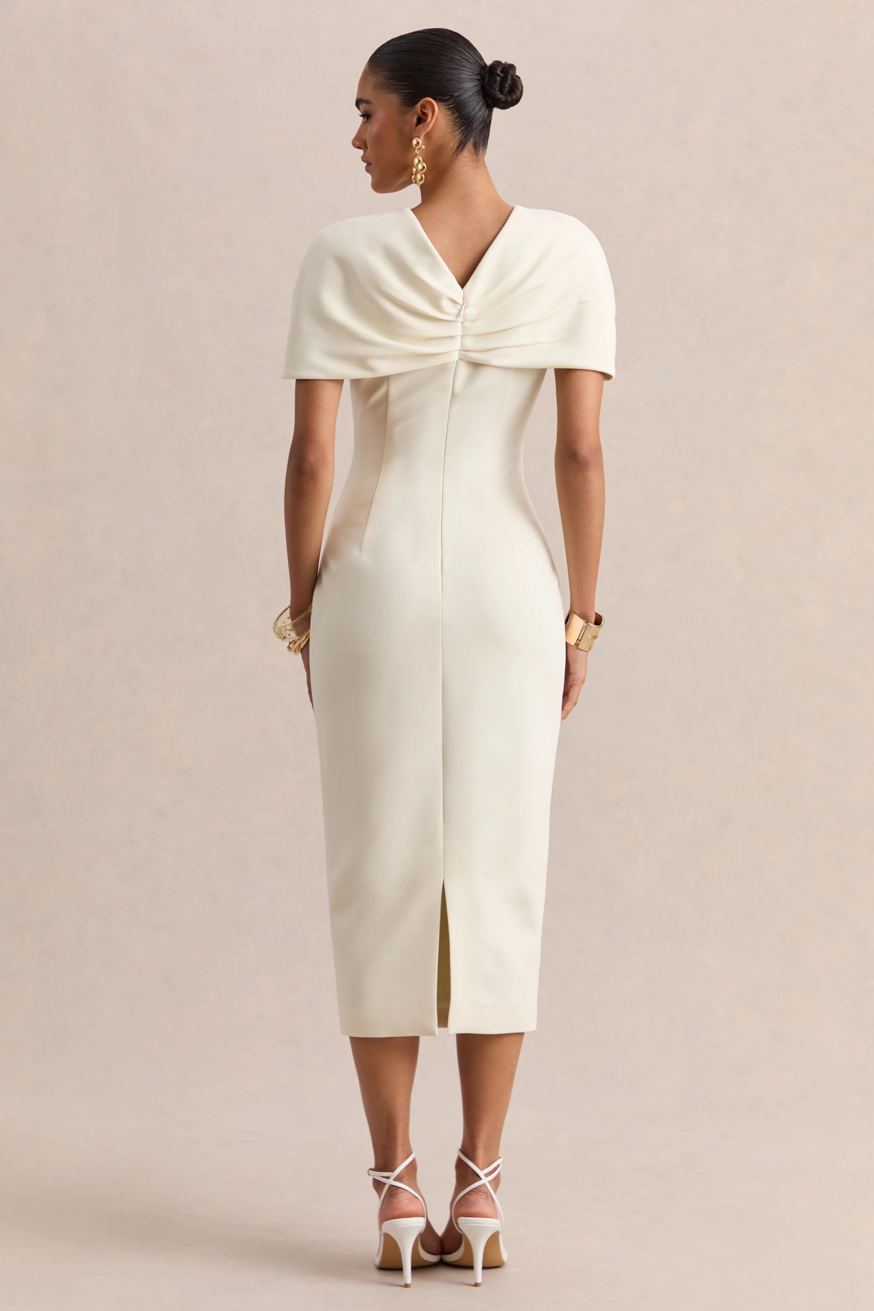 Novalie | Cream V-Neck Midi Dress With Twist-Detail