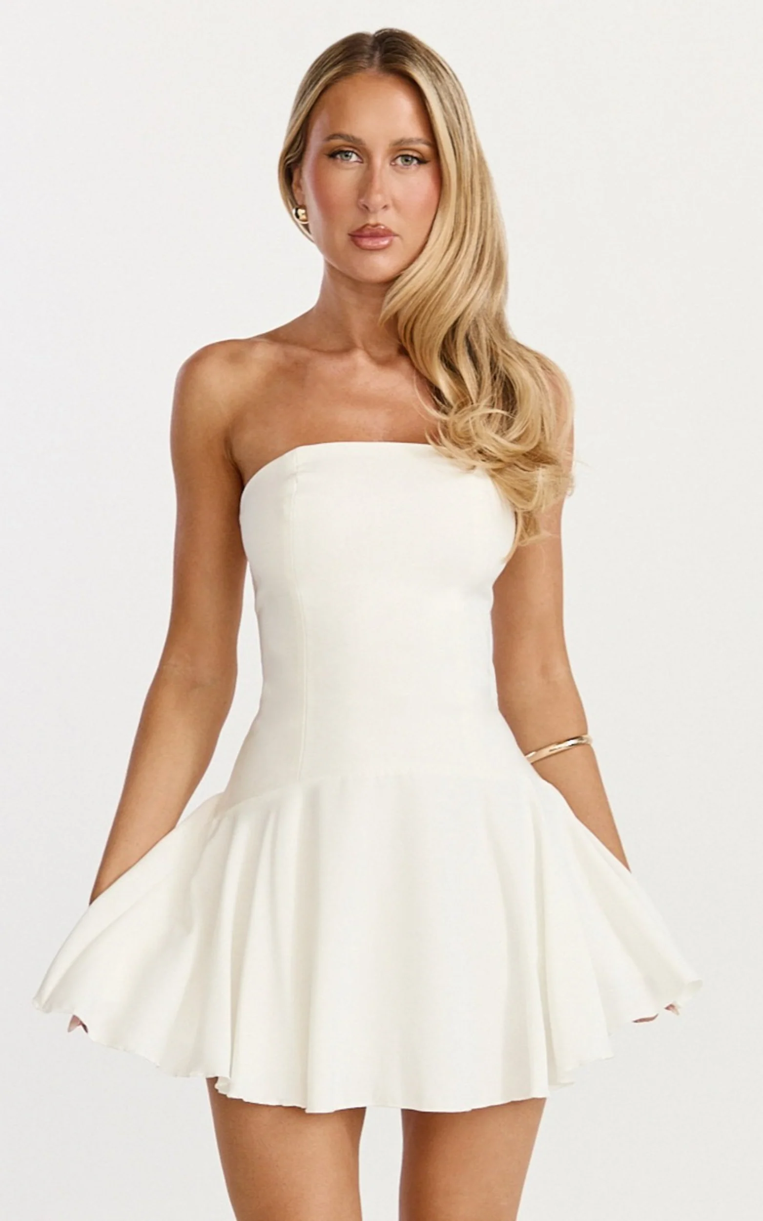 Poppy Mini Dress - Contrast Skirt Strapless Dress in White