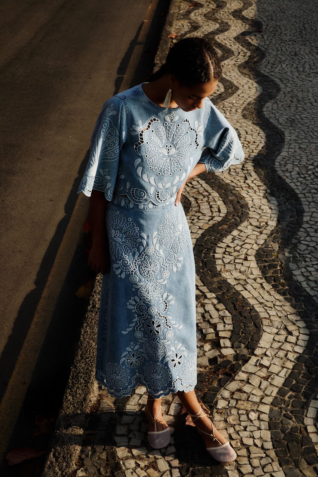 FARM Rio Denim Richelieu Wavy Hem Midi Skirt