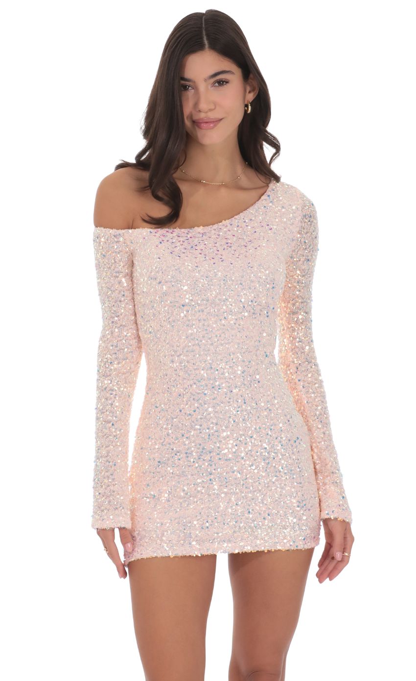 Sequin One Shoulder Bodycon Dress in Light Pink