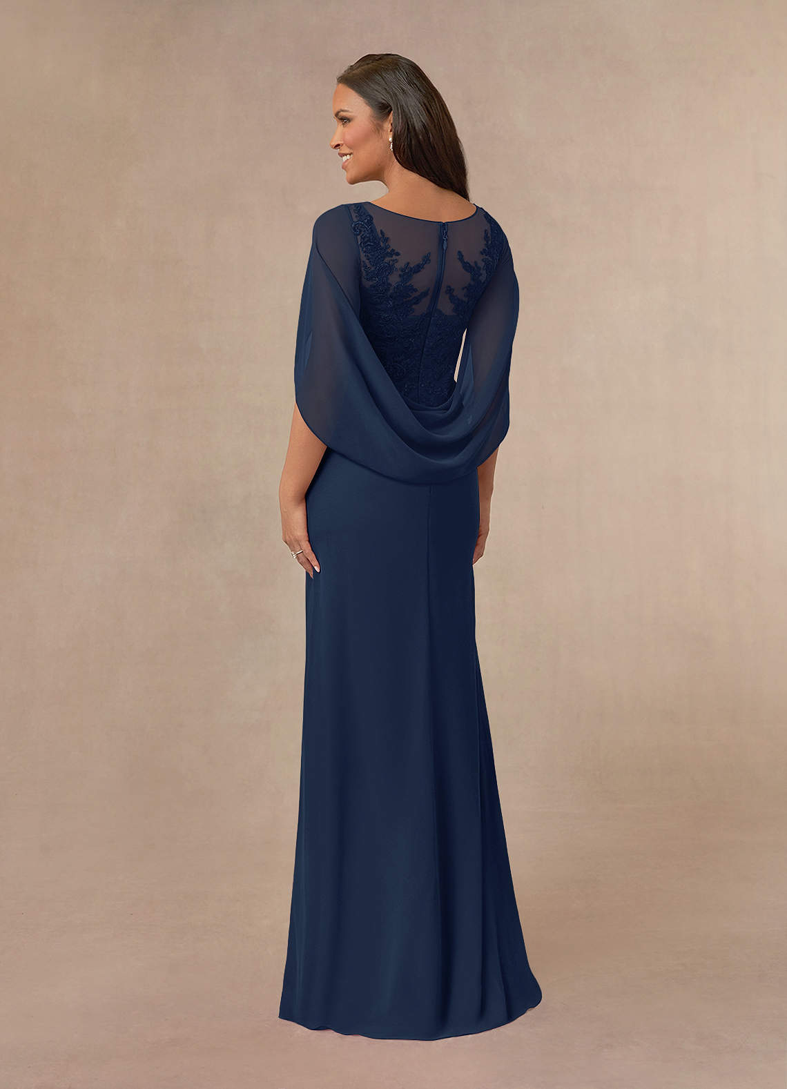 Dark Navy A-Line Lace Capelet Chiffon Dress