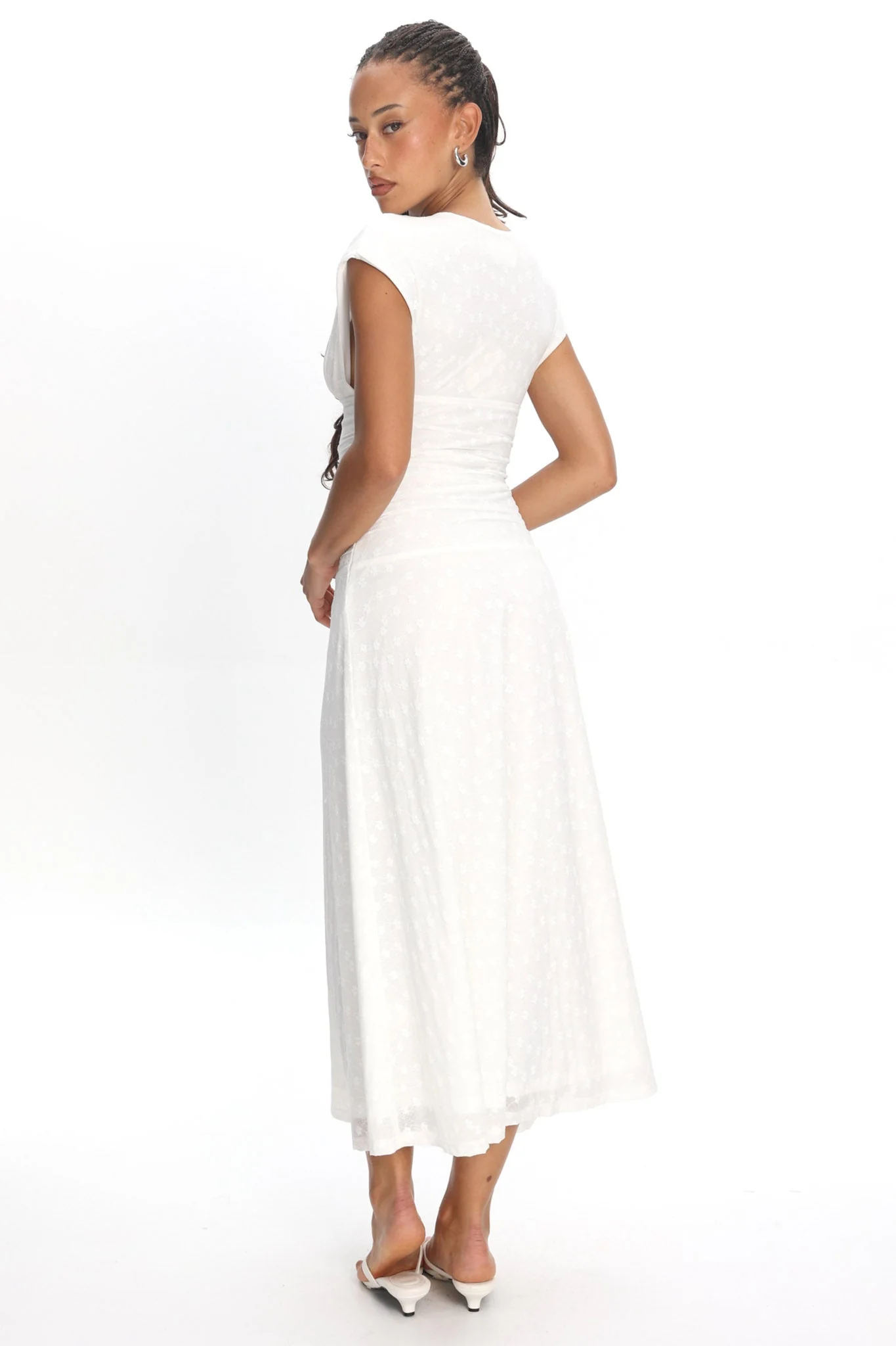 Novia Ruched Bodice Maxi Dress Embroidered Off White