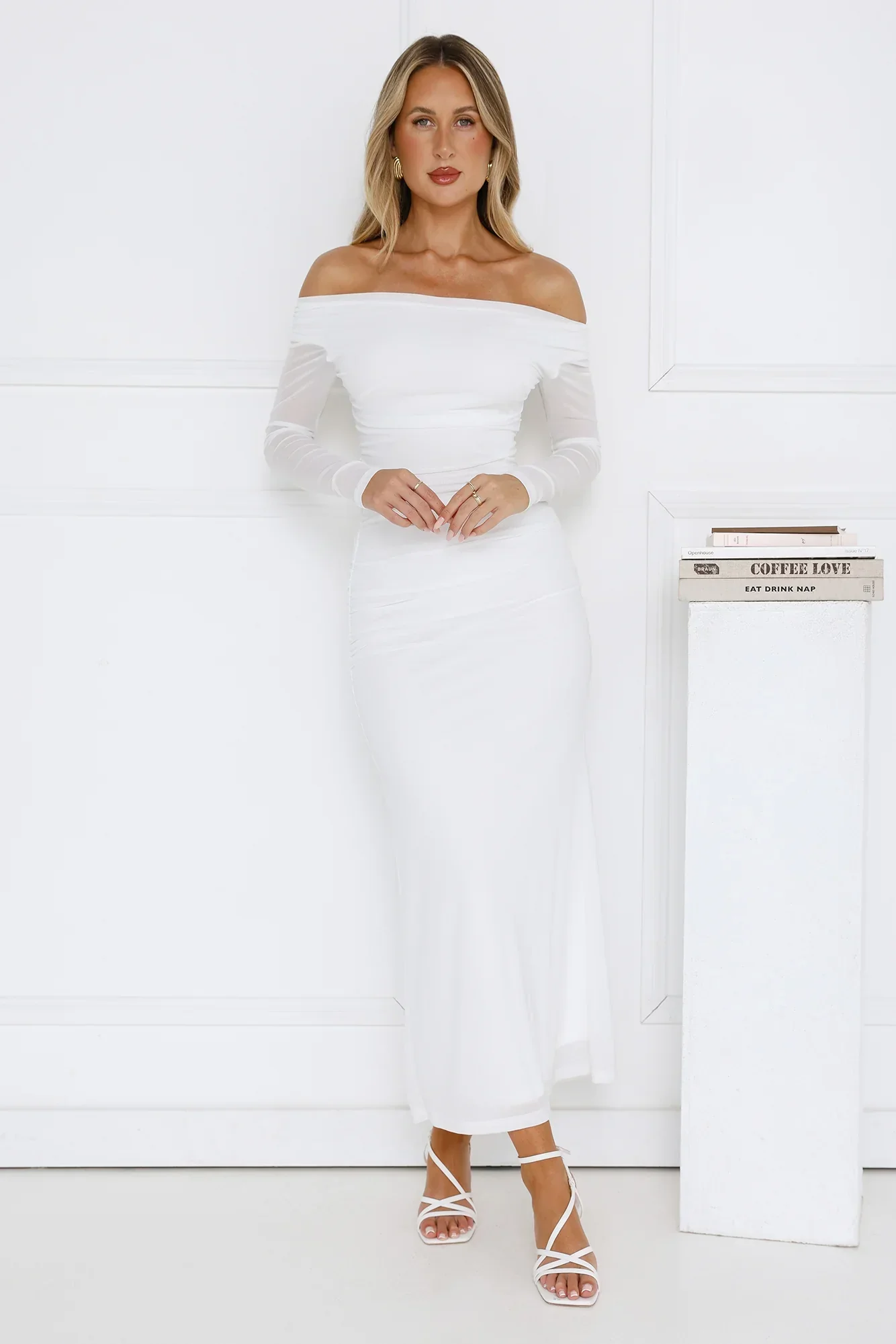 Curve Embrace Off Shoulder Mesh Maxi Dress White