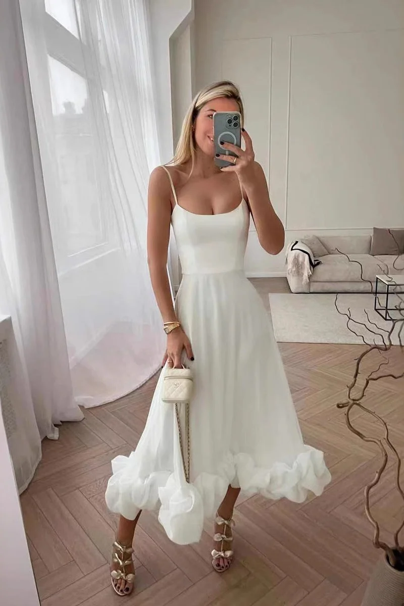 A-Line Tea Length Chiffon Wedding Guest Dress 714081841047