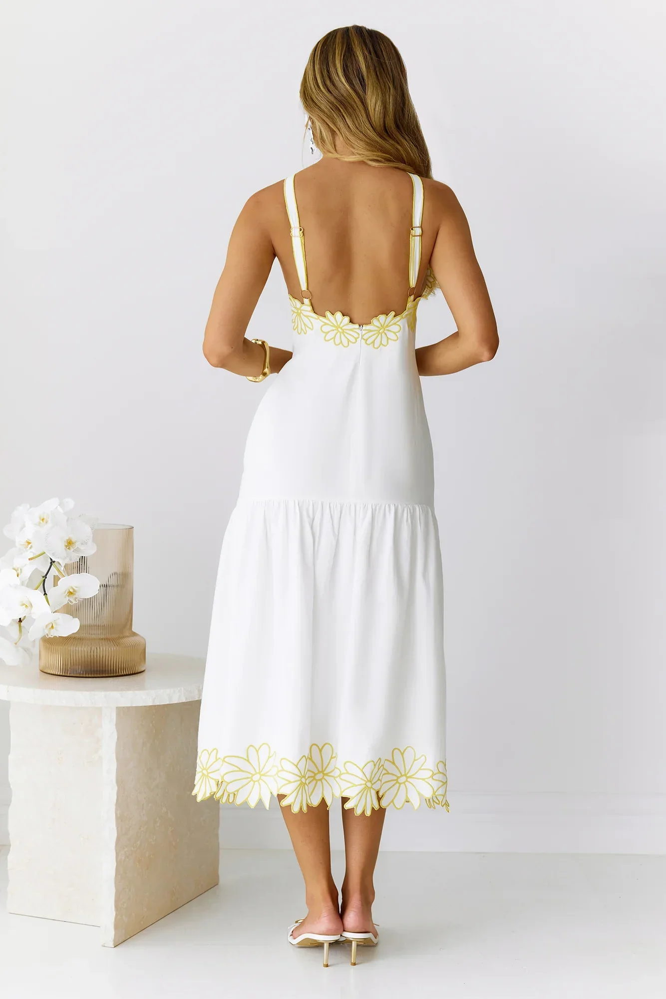 Golden Petals Midi Dress White