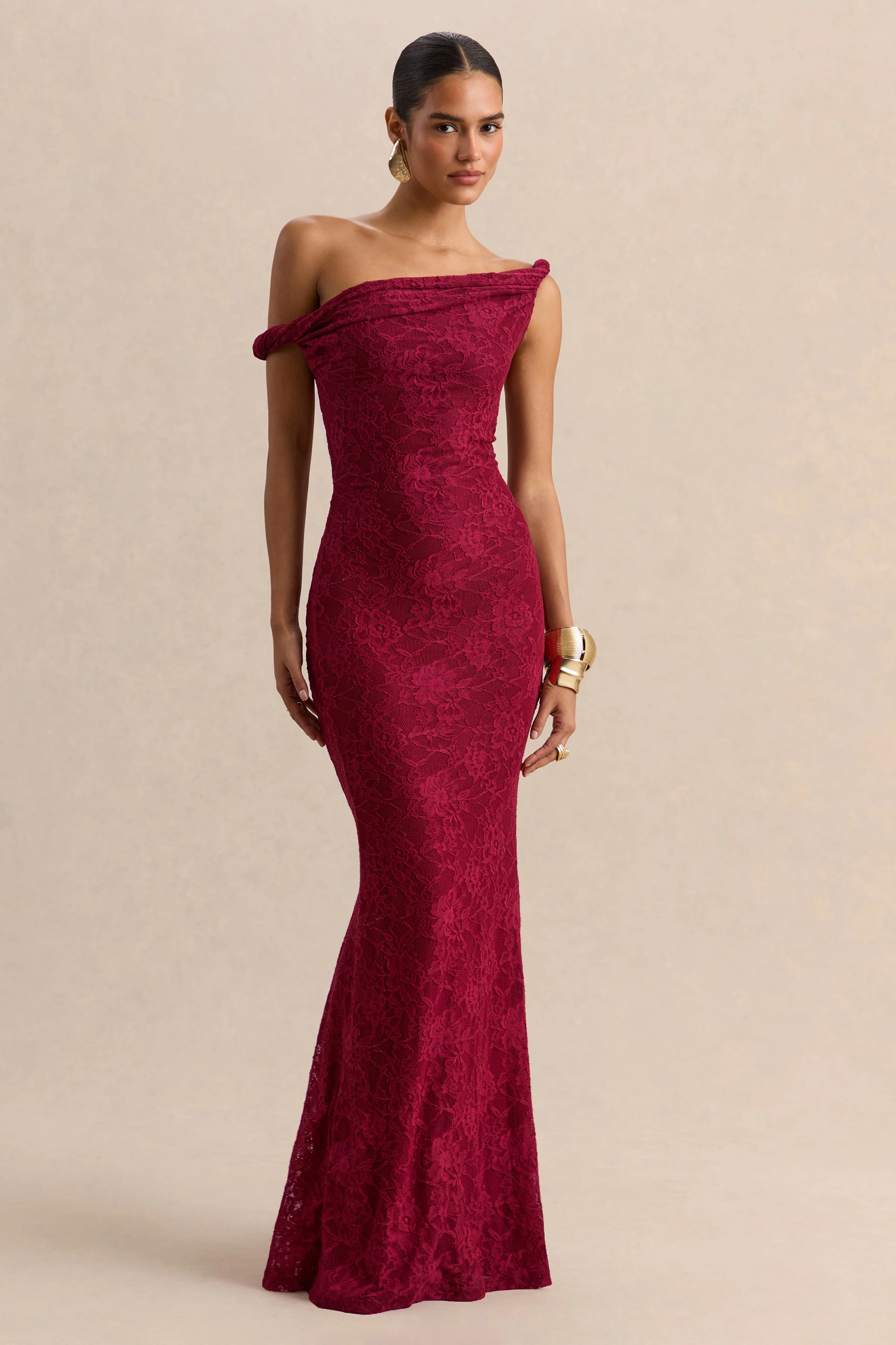 Afina | Burgundy Lace Asymmetric-Neck Maxi Dress