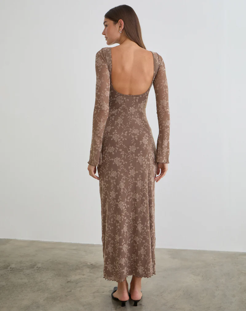 Shaleed Maxi Dress in Leafy Flock Dark Taupe