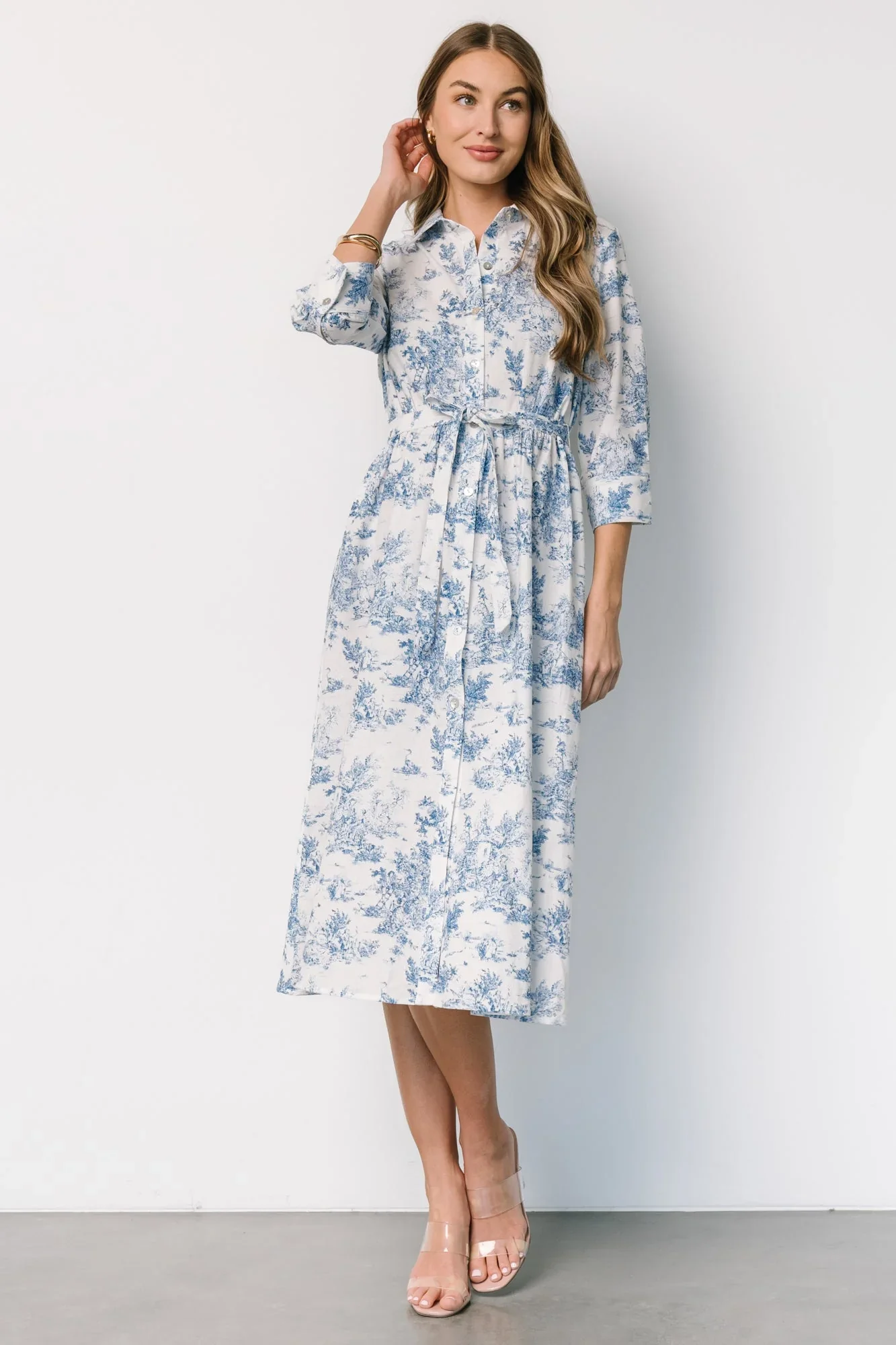 Chantelle Button Midi Dress | Off White + Blue Print