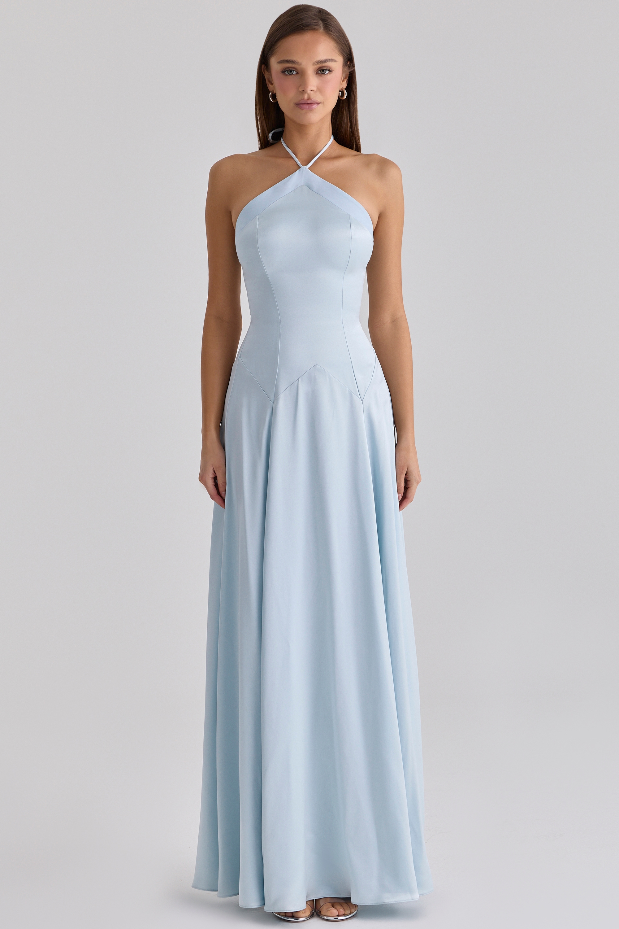 blue satin halter neck godet maxi dress