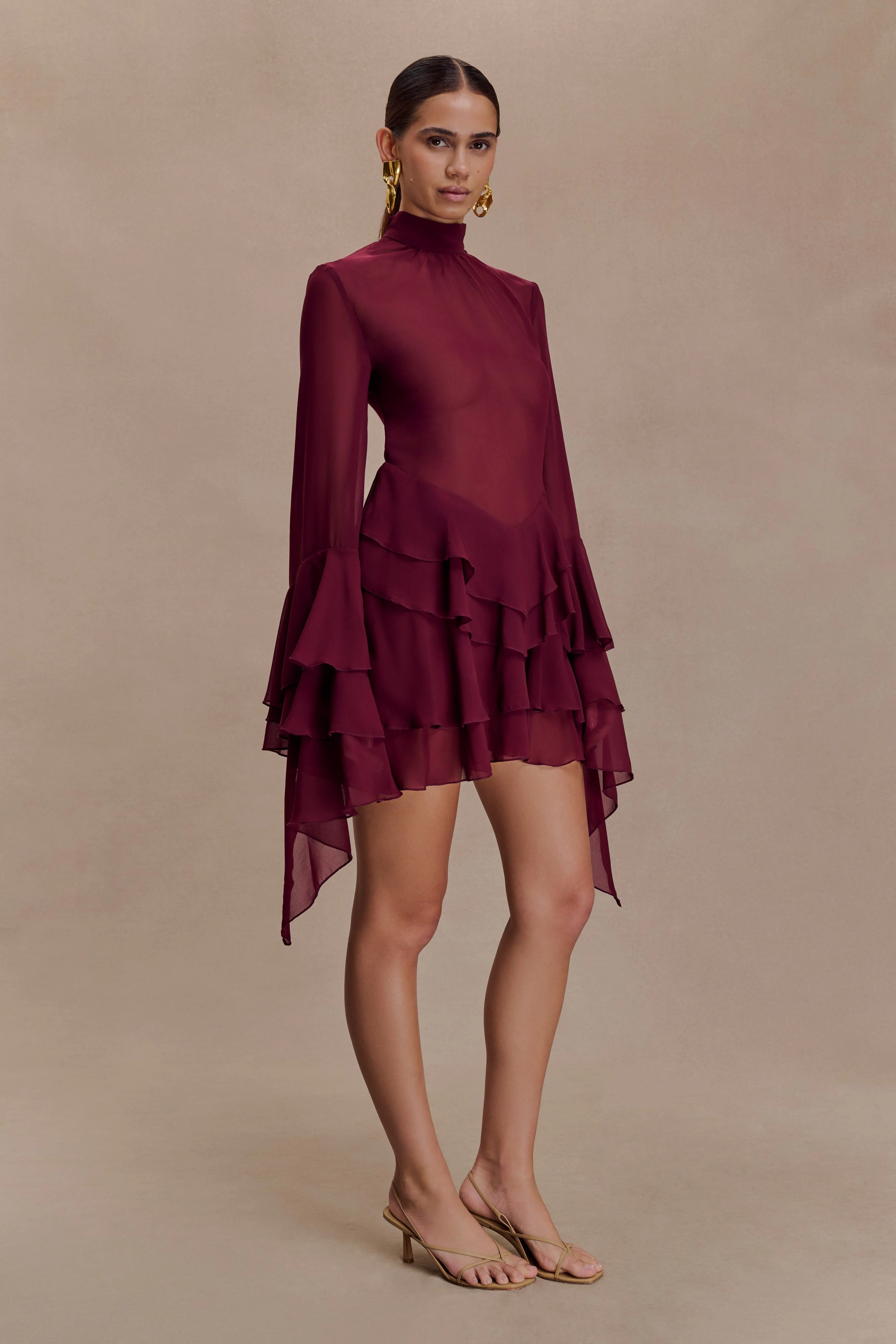 Nimah Chiffon Ruffle Mini Dress - Wine