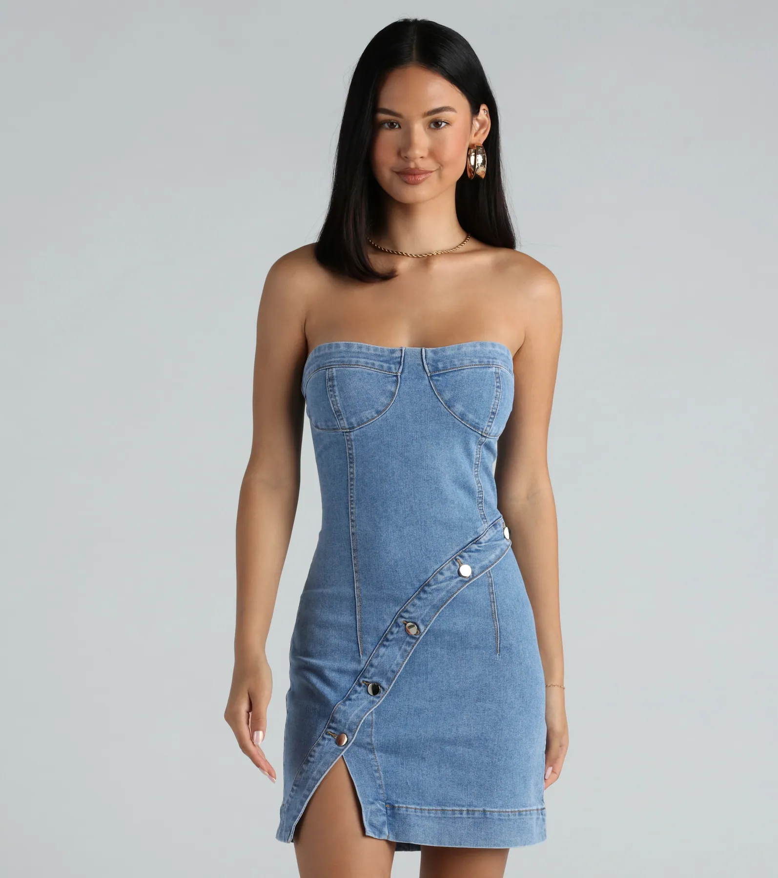 Button Up Babe Denim Strapless Mini Dress