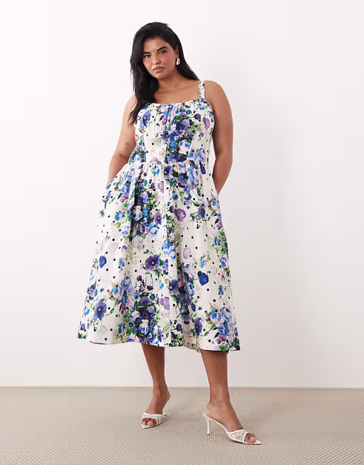 Hope & Ivy Plus a-line strappy corset midi dress in white and blue spot floral print