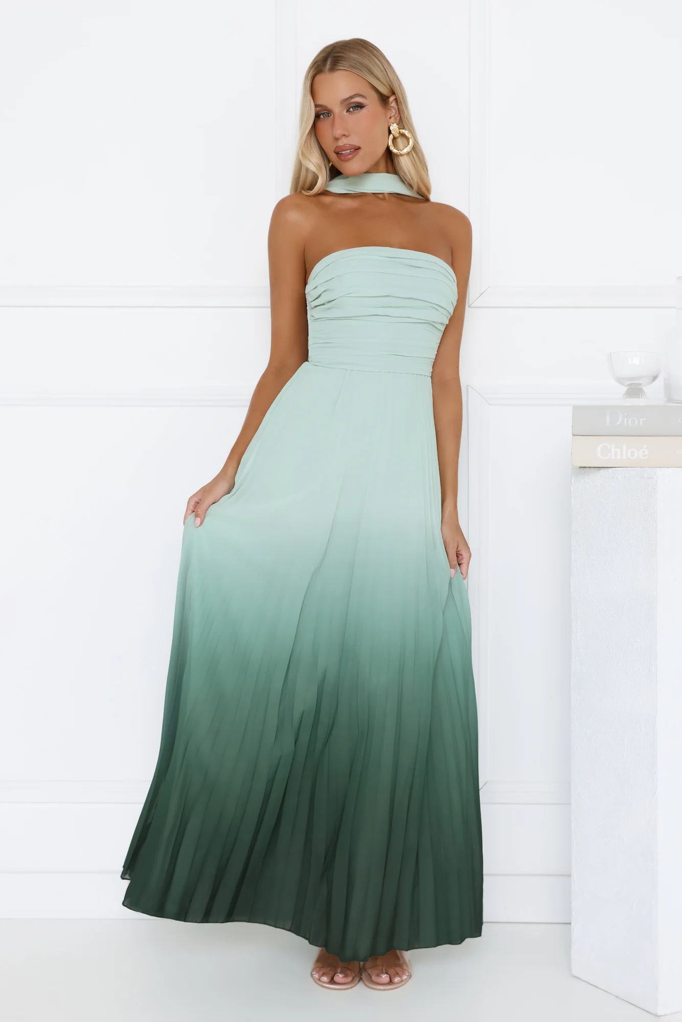 Goddess Ombre Pleated Maxi Dress Green