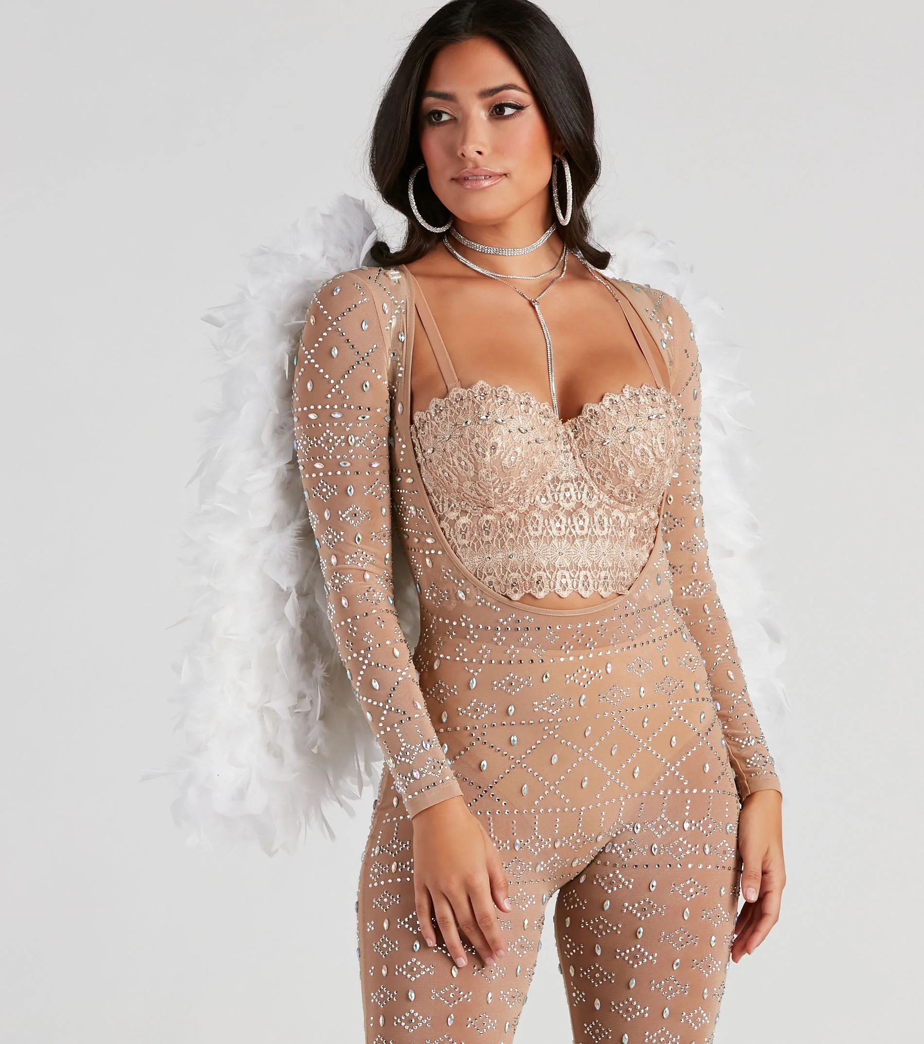 Iridescent Sparkle Rhinestone-Embellished Sheer Catsuit - luluinthesky