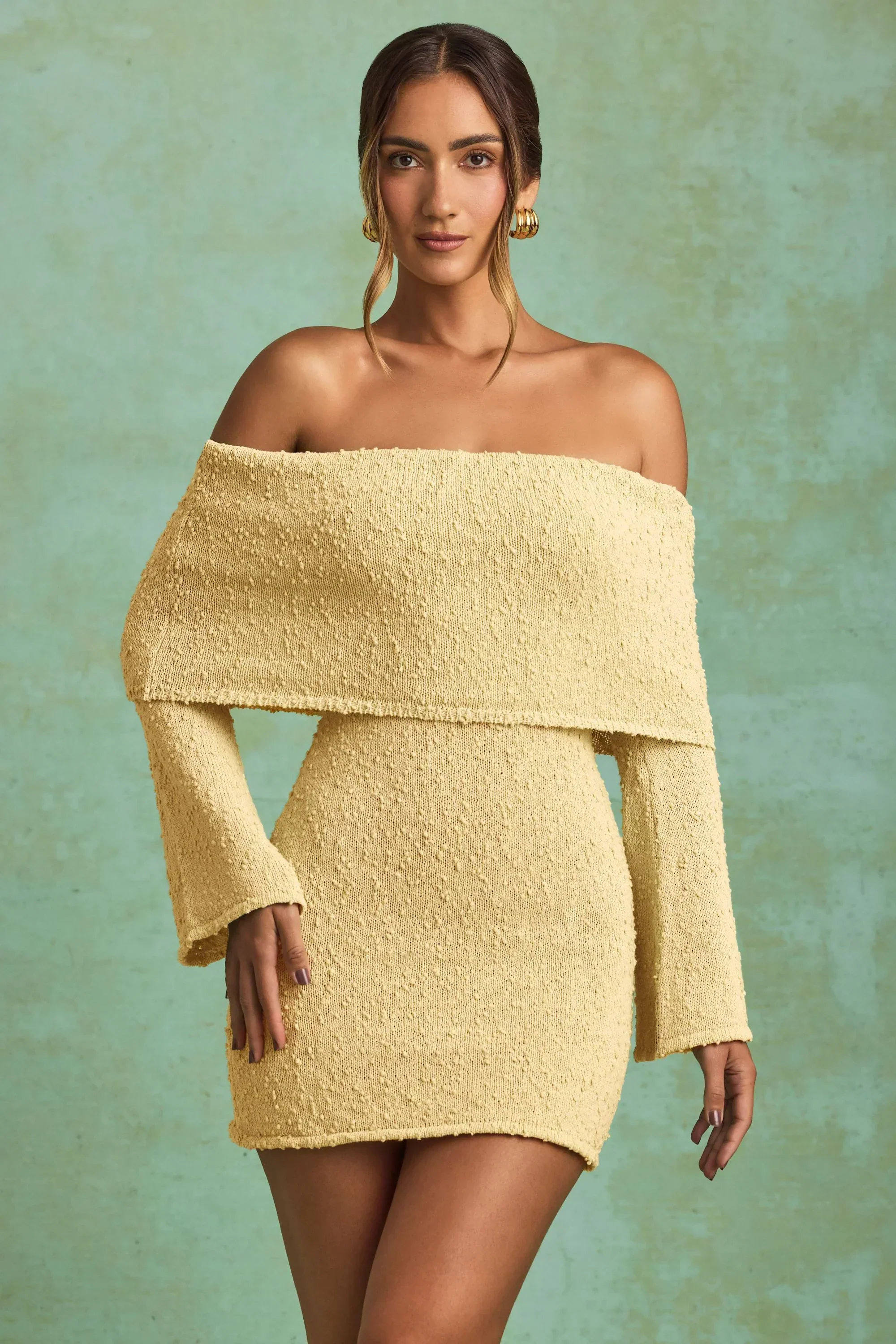 Bouclé Off-Shoulder Mini Dress In Yellow