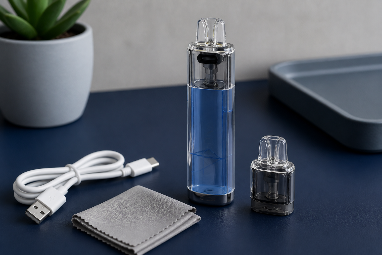 Transparent blue replaceable-pod device beside a separate pod, USB-C cable and cleaning cloth.