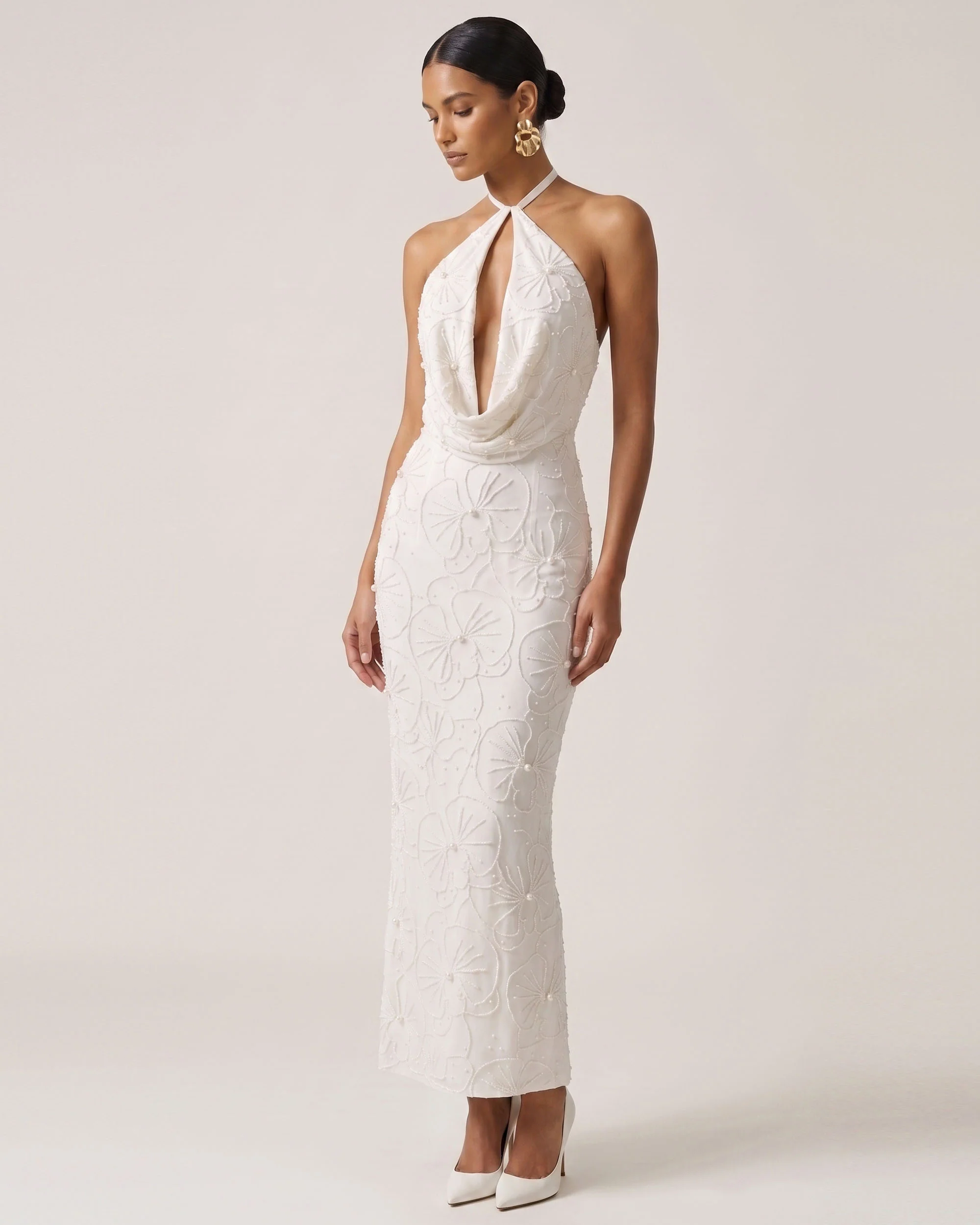 Orchid Beaded Embroidered Keyhole Cowl Halter Maxi Dress - White - FASHION NOB