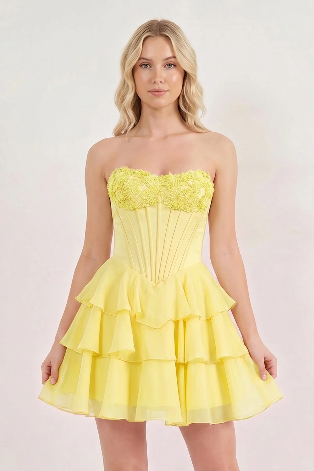 Pink Strapless Tiered A-Line Ruffled Chiffon Appliqued Homecoming Dress