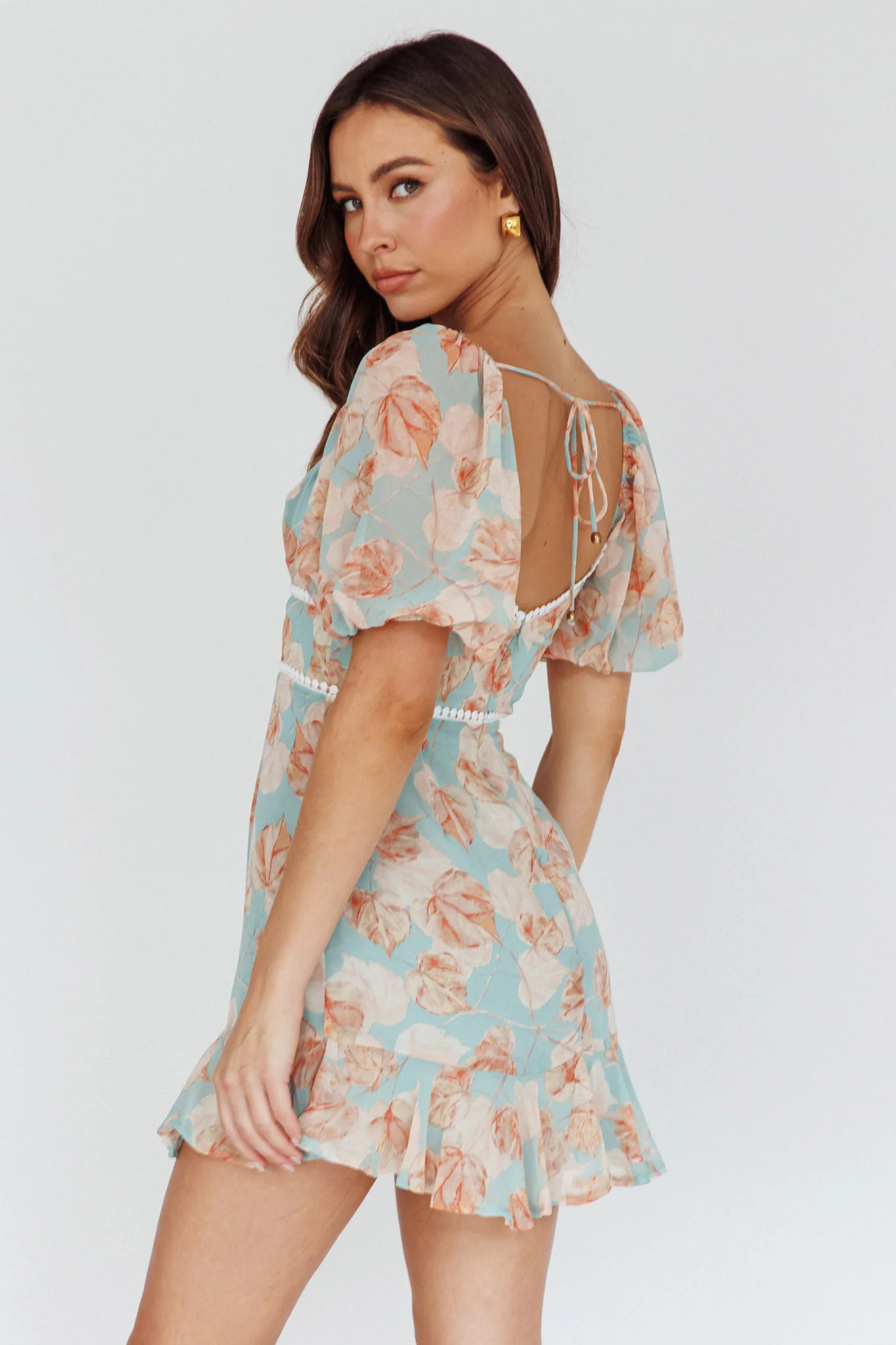 Catch Feelings Sweetheart Puff Sleeve Mini Dress Leaves Blue