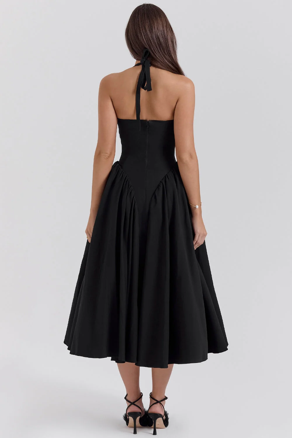black twill halter midi dress
