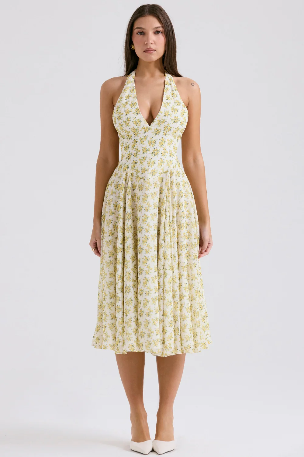 ivory vintage floral print georgette halter sundress