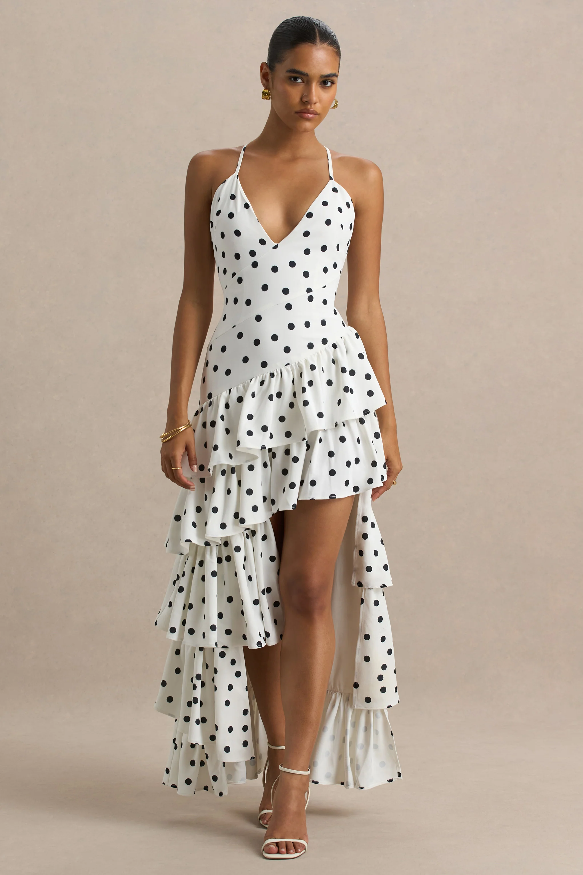 Bogota | Polka Dot Plunge-Neck Maxi Dress With Ruffling Details And Front High Split