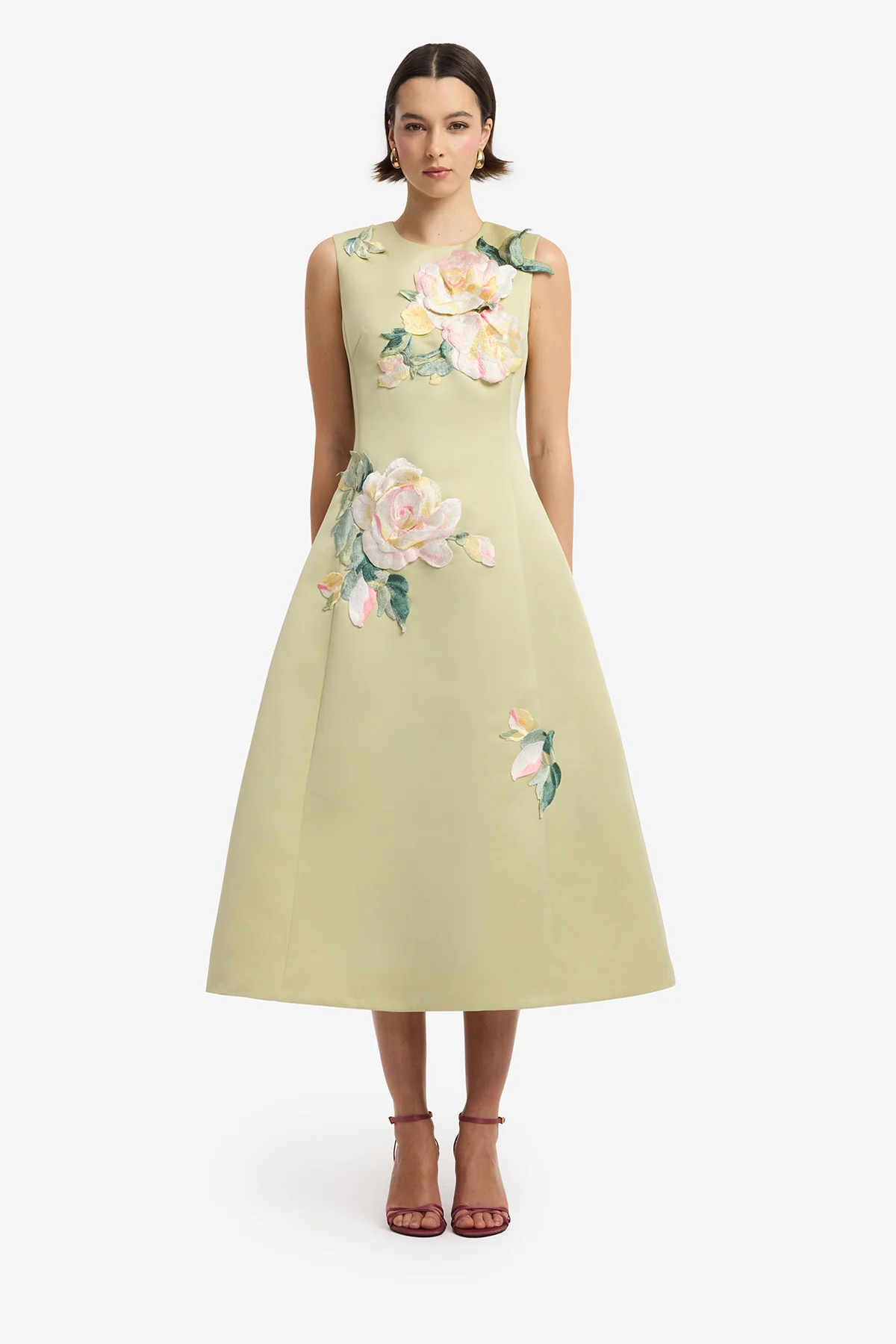 Cleo Embroidered Sleeveless Midi Dress - Pistachio Rose Print