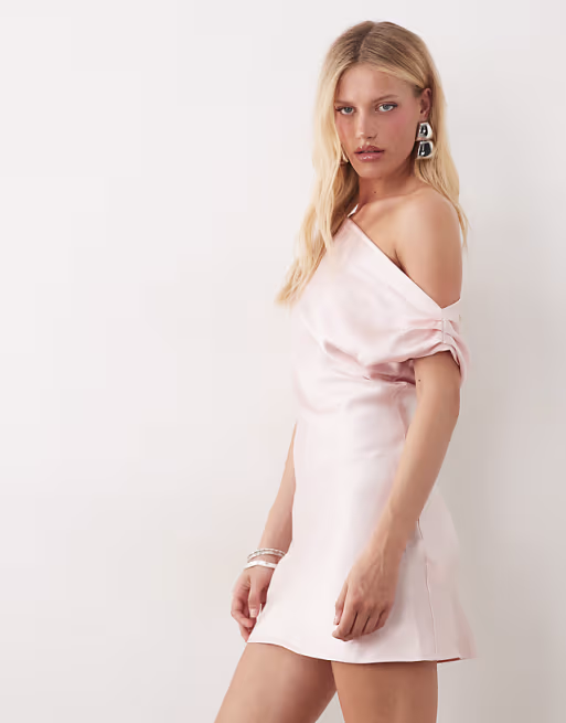 satin one shoulder drape mini dress in pink