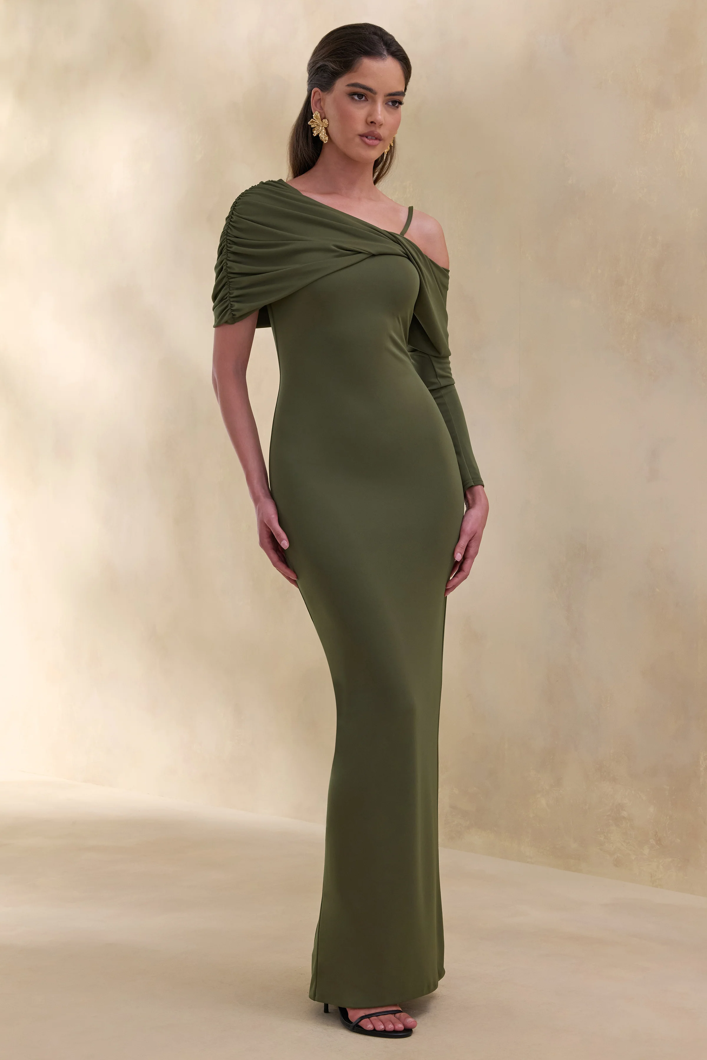 Silvaria | Olive Twisted Asymmetric-Neck Maxi Dress