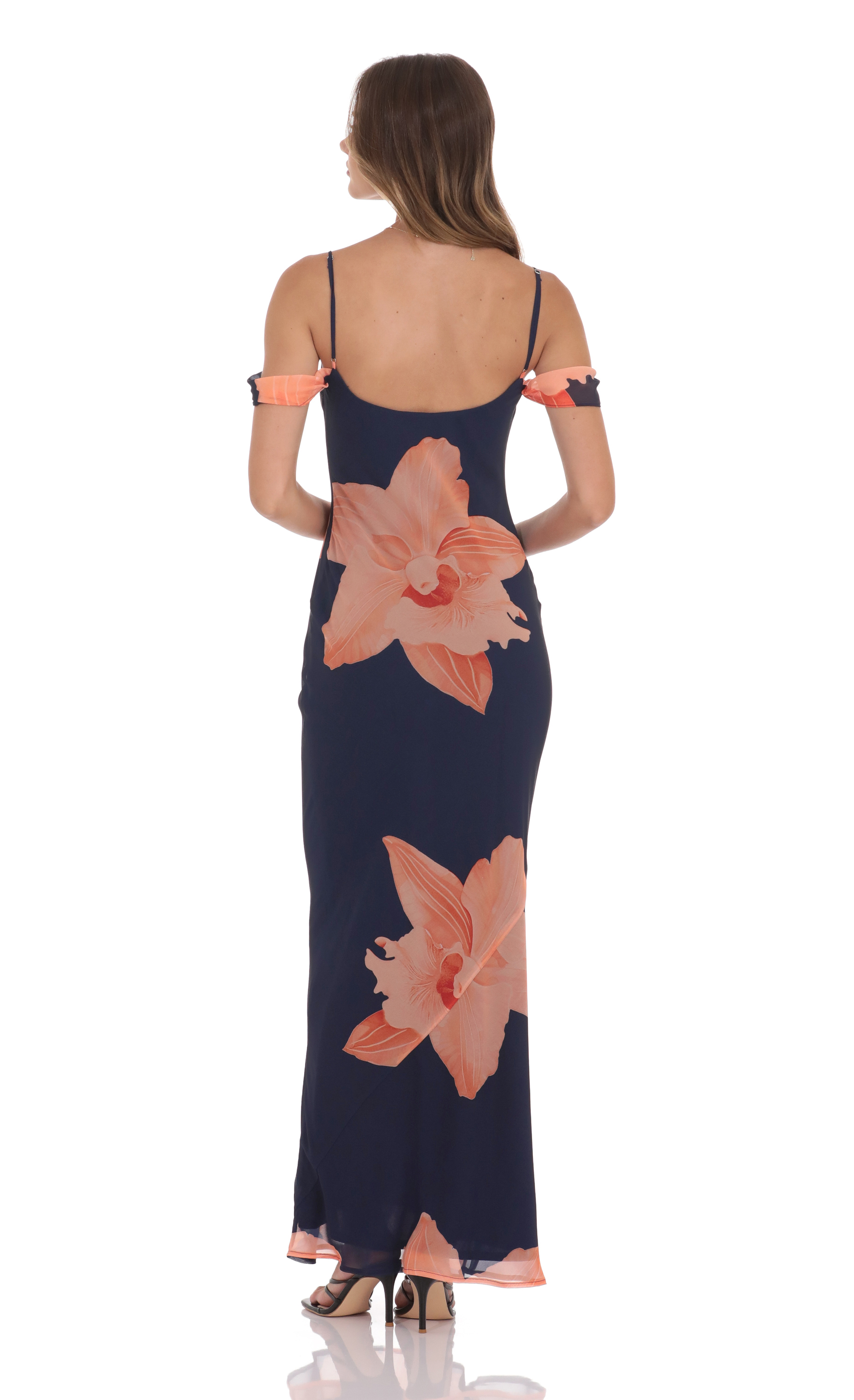 Orange Floral Off Shoulder Maxi Dress in Navy - luluinthesky