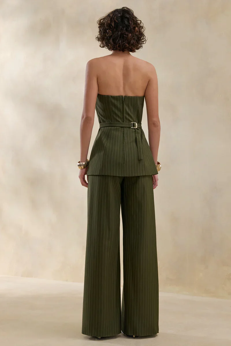 Hesper | Olive Pinstripe Wide-Leg Tailored Trouser