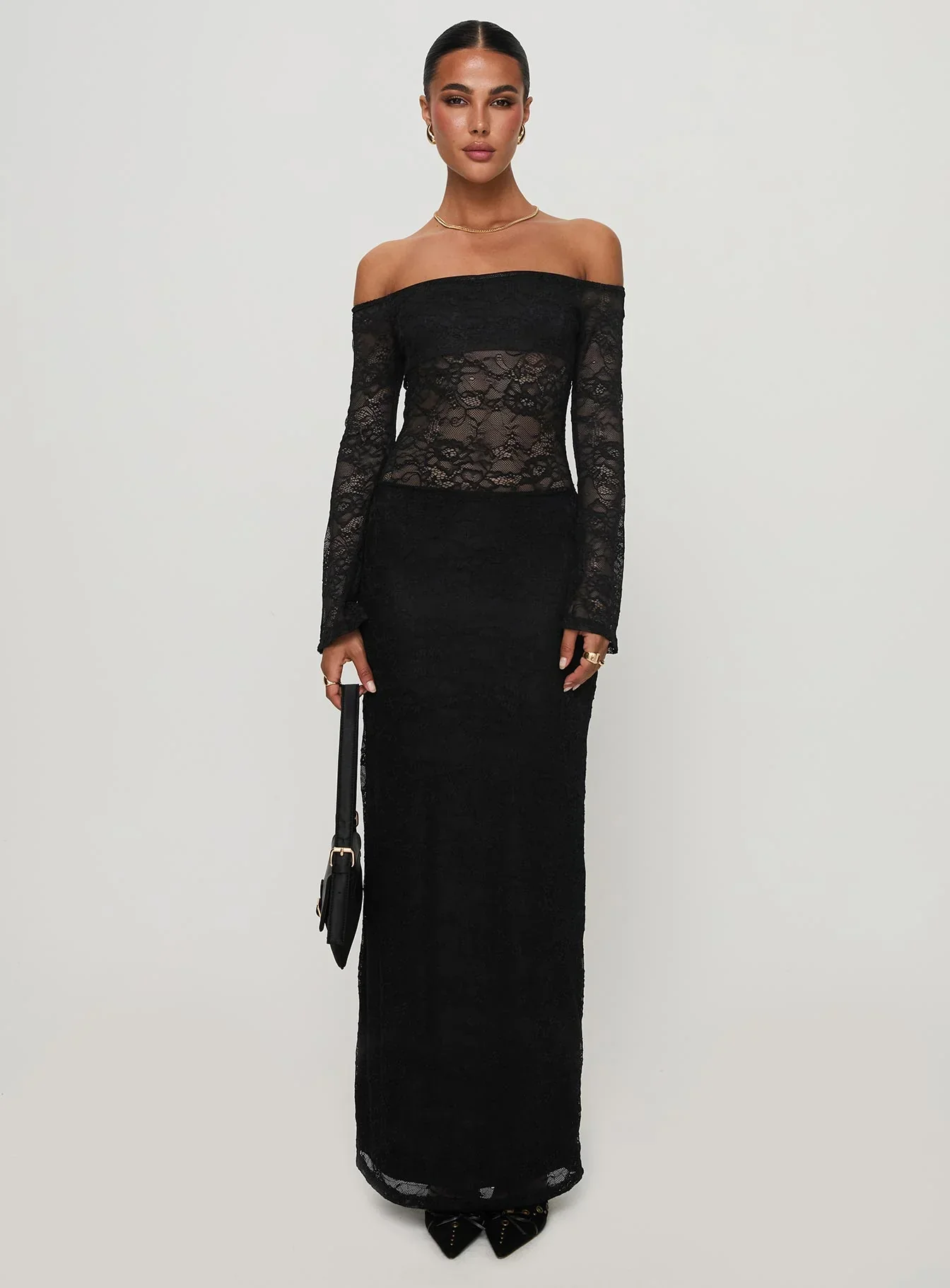 Pinot Grigio Long Sleeve Lace Maxi Dress Black - luluinthesky