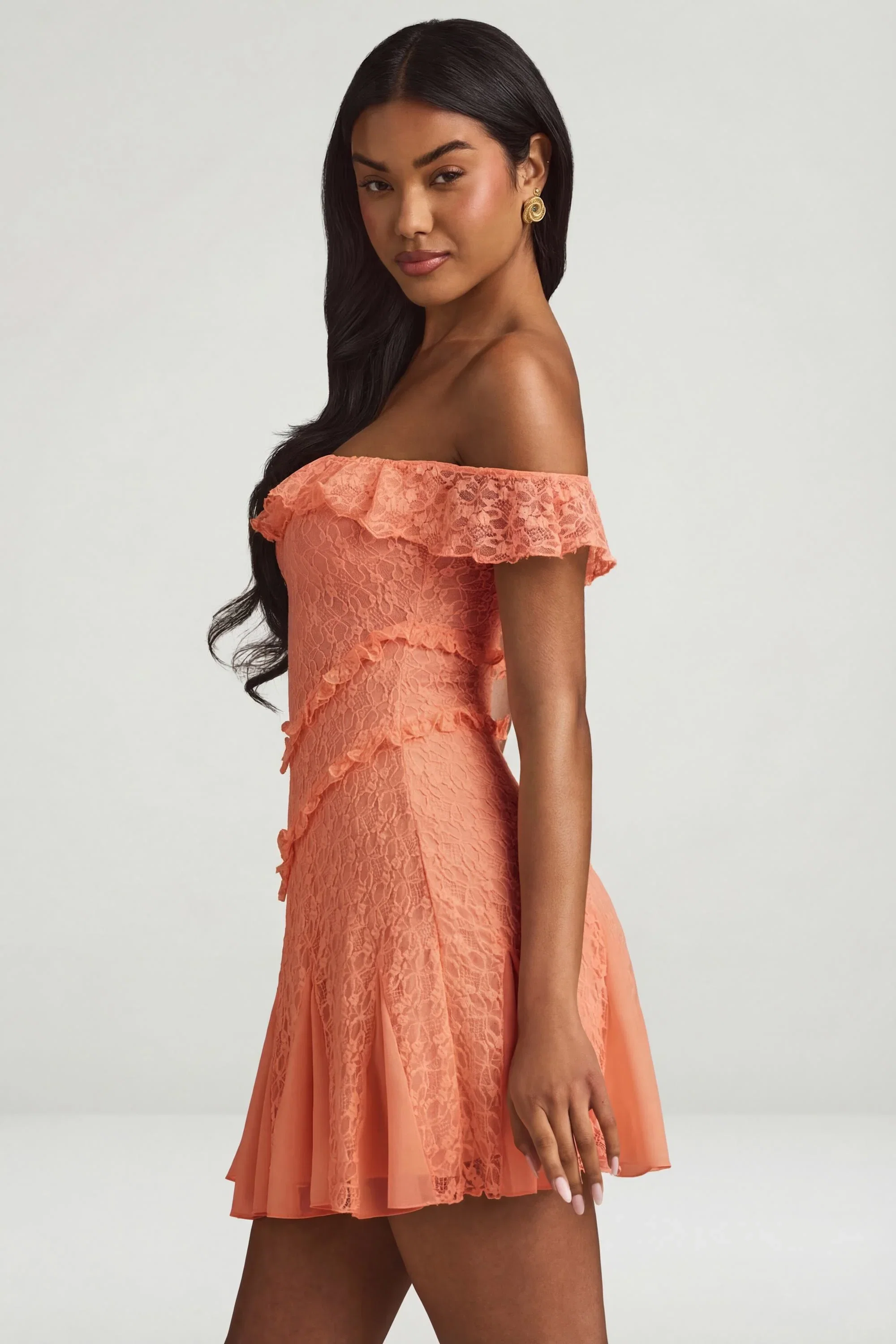 Off-Shoulder Lace A-Line Mini Dress in Peach - FASHION NOB
