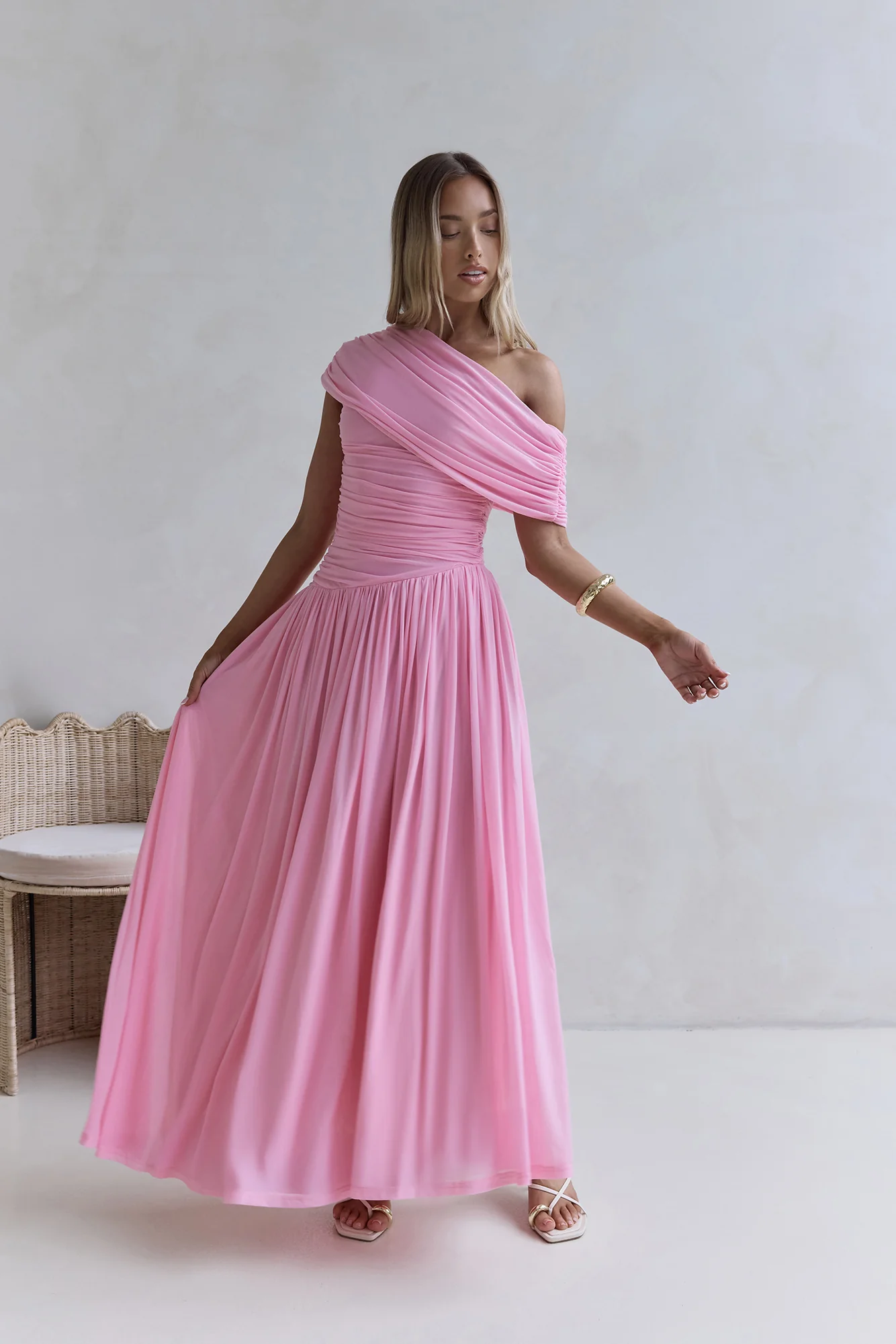 Hidden Flair One Shoulder Mesh Maxi Dress Pink