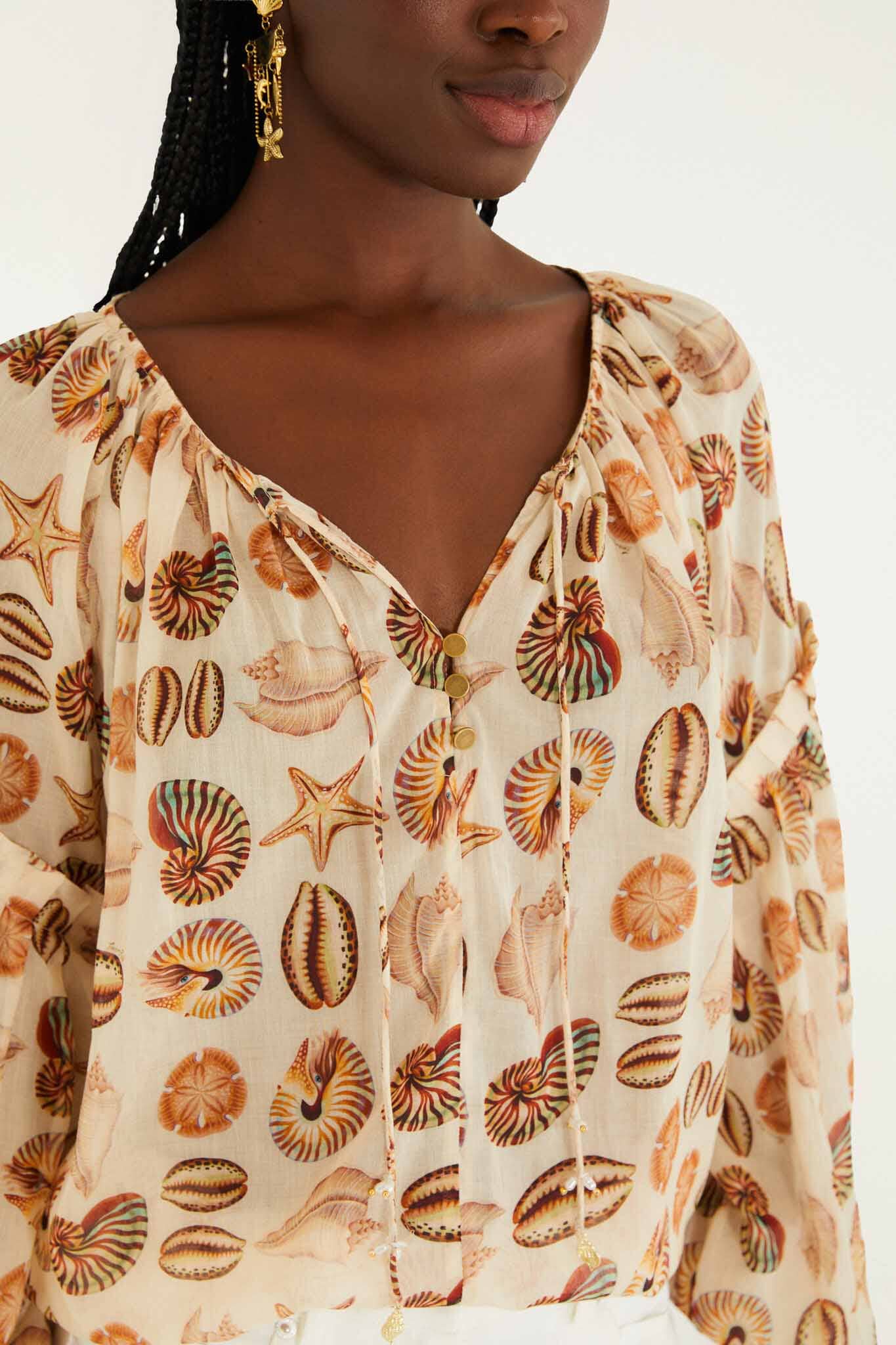 Sand Marine Shells Beaded Ties Blouse