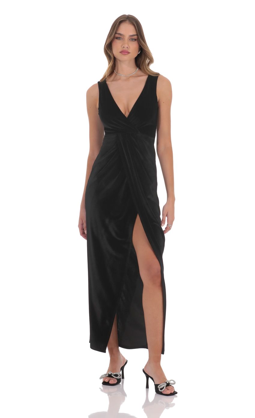 Velvet V-Neck Slit Maxi Dress in Black